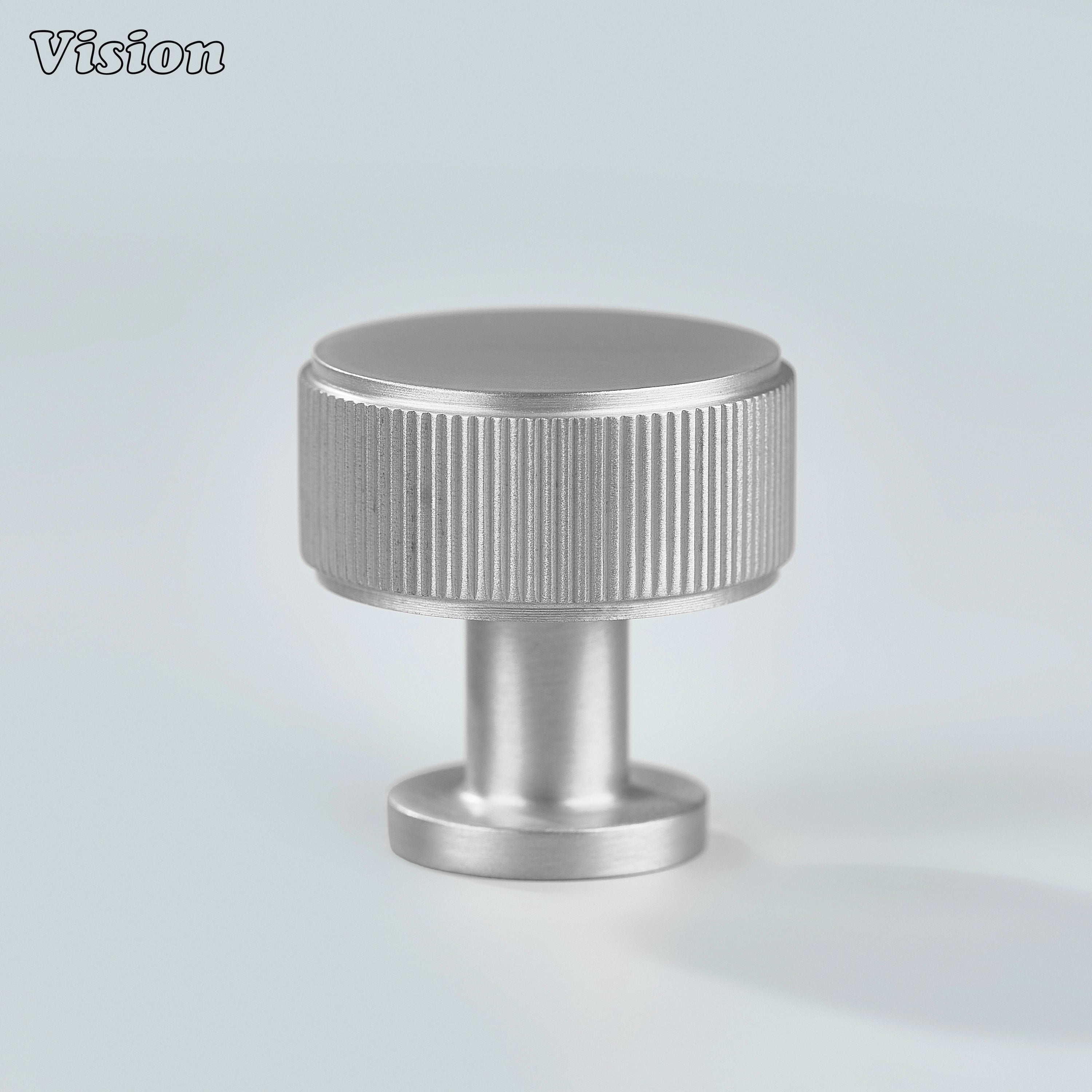 Modern linear knurled round cabinet knob in Silver finish for solid brass drawers