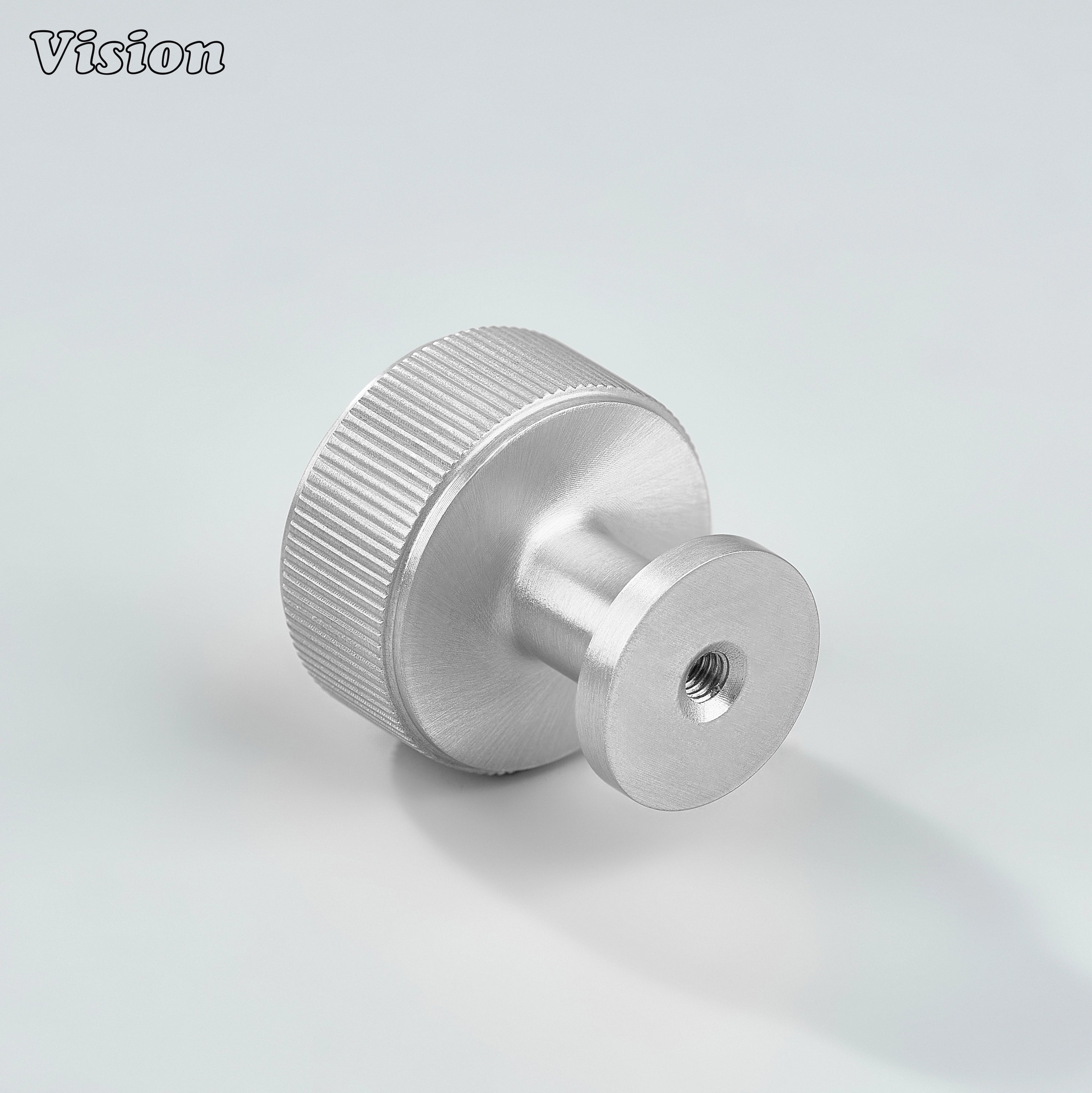 Silver linear knurled brass round cabinet knob designed for wardrobe furniture