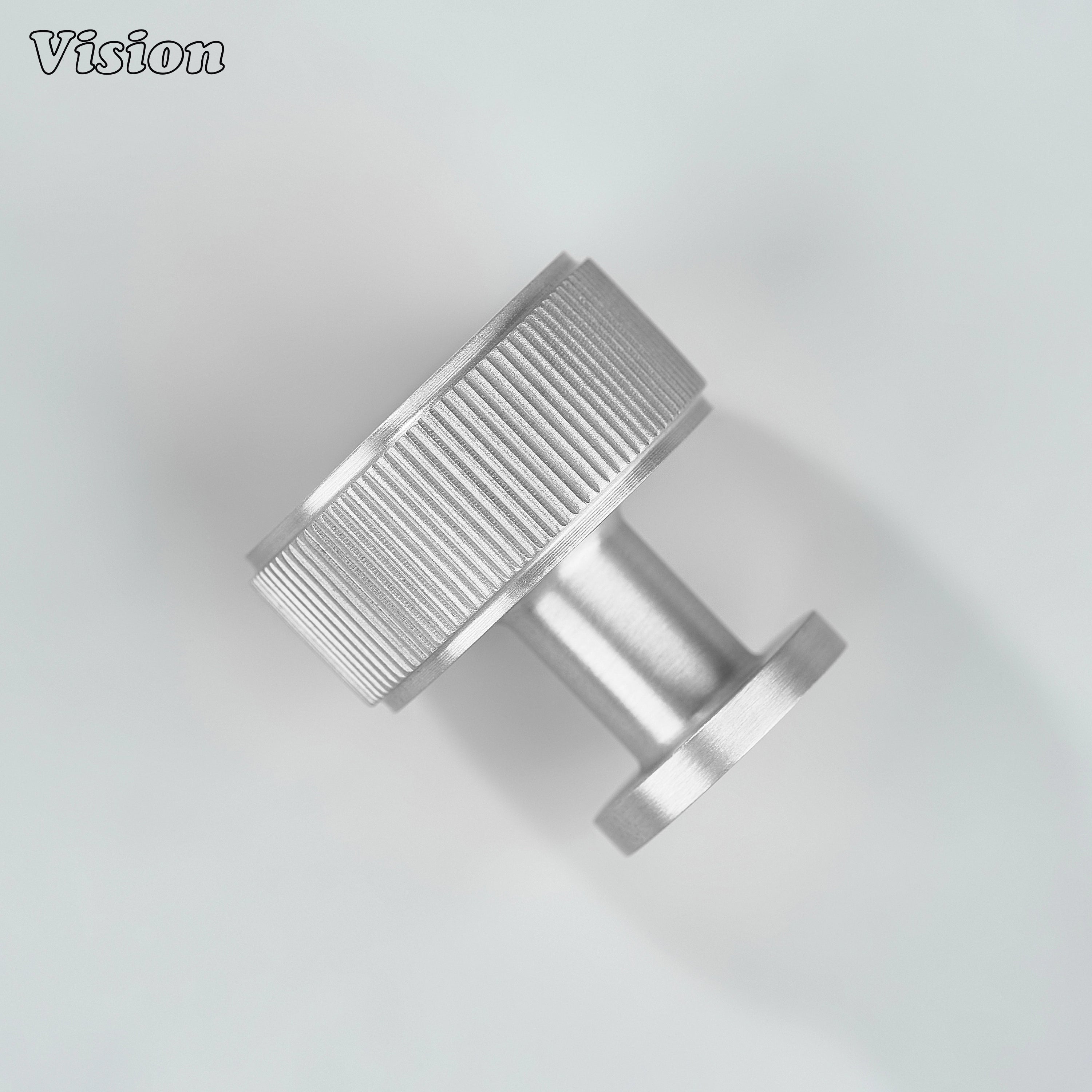 Solid brass round cabinet knob in Silver with linear knurled detailing for cabinets