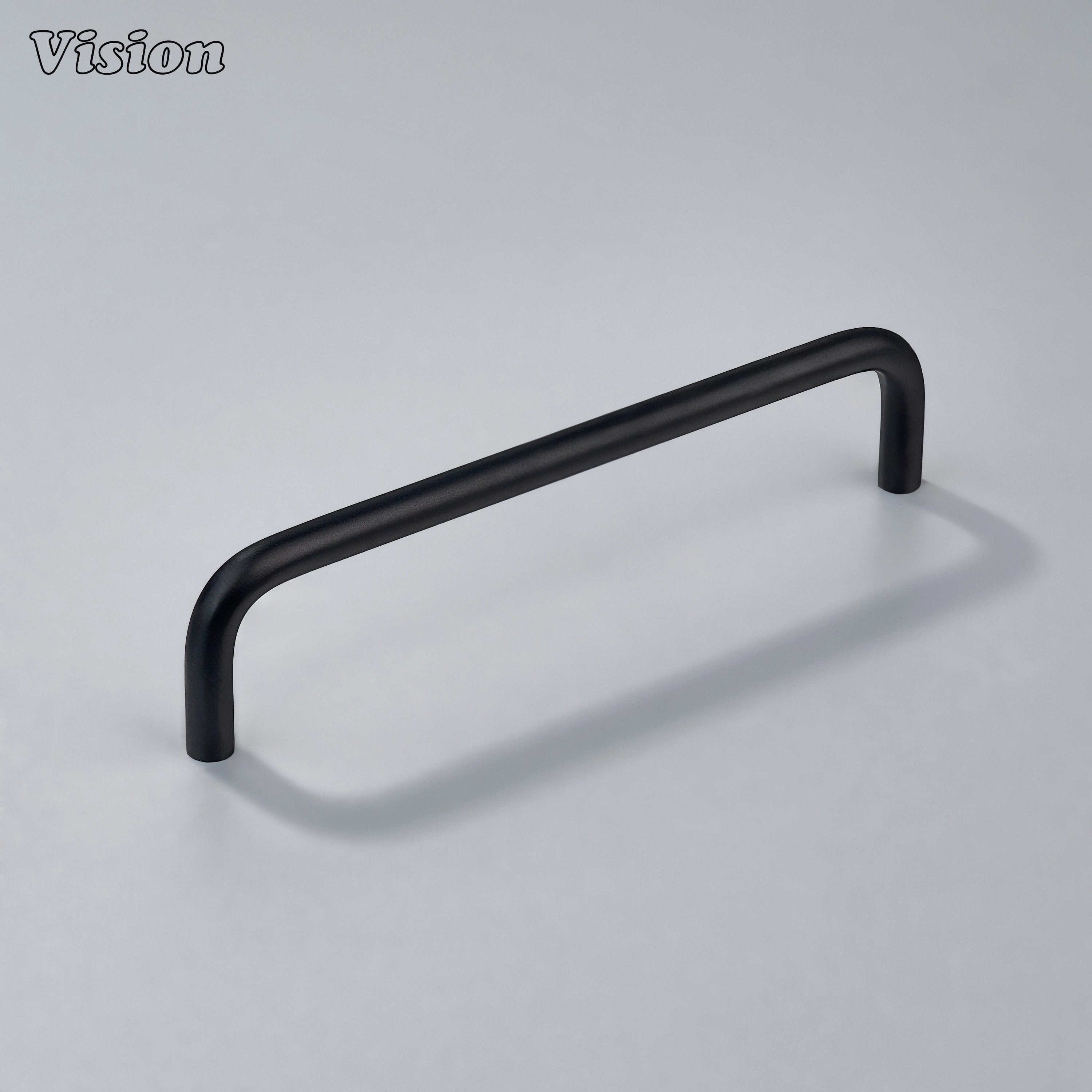 Black tubular cabinet pull with curved legs for pantry cupboards and furniture.