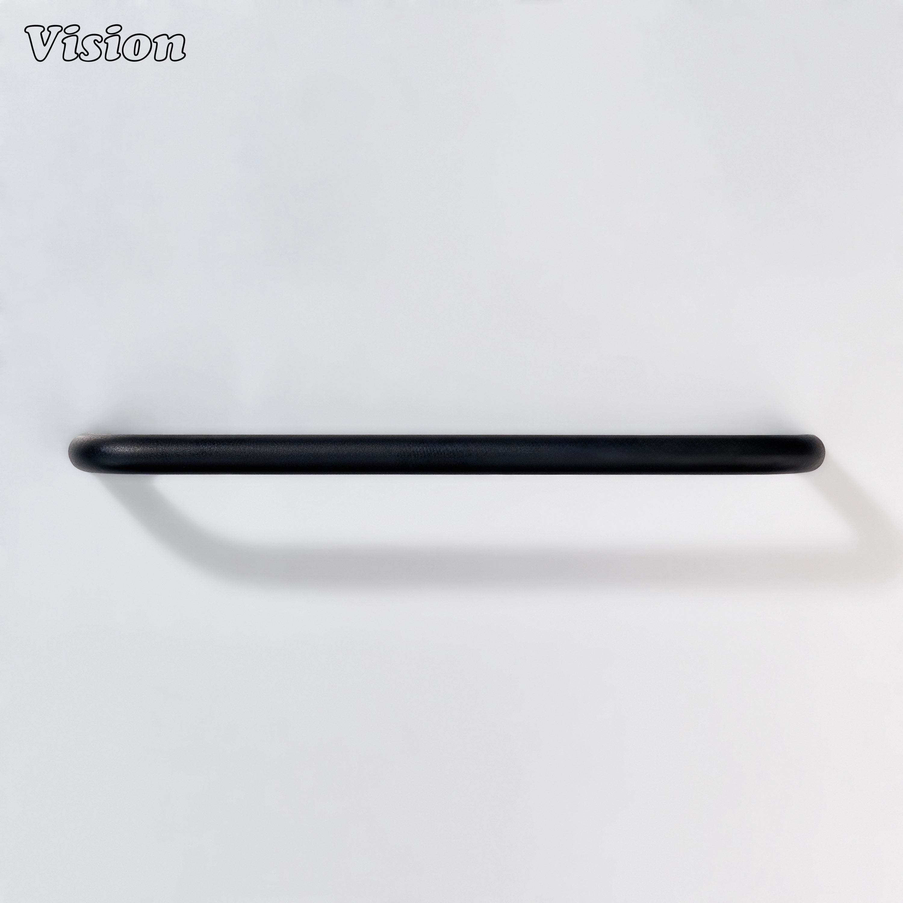 Black cabinet pull with smooth profile for office furniture drawers.