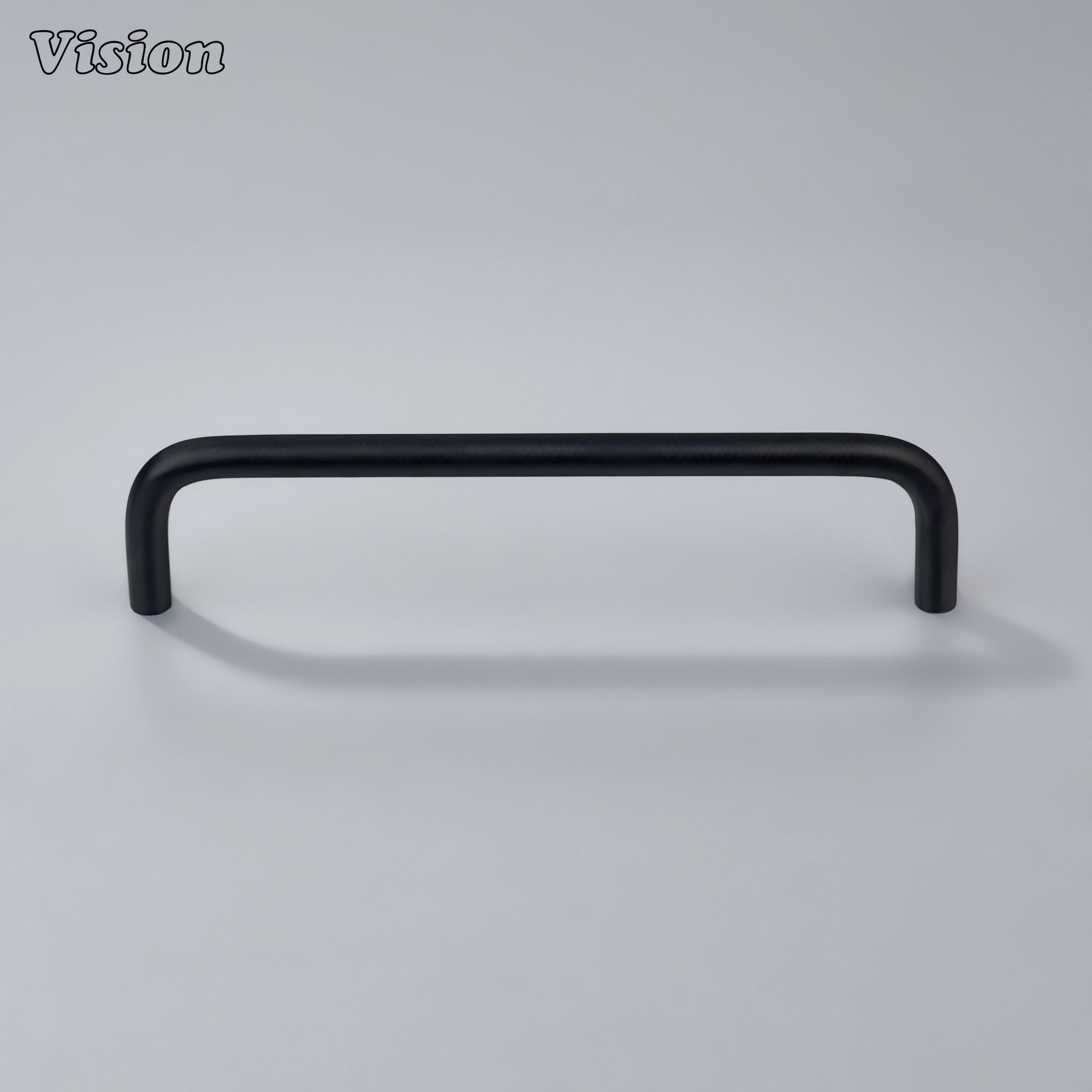 Black smooth cabinet pull with cylindrical bar design for storage cabinets.