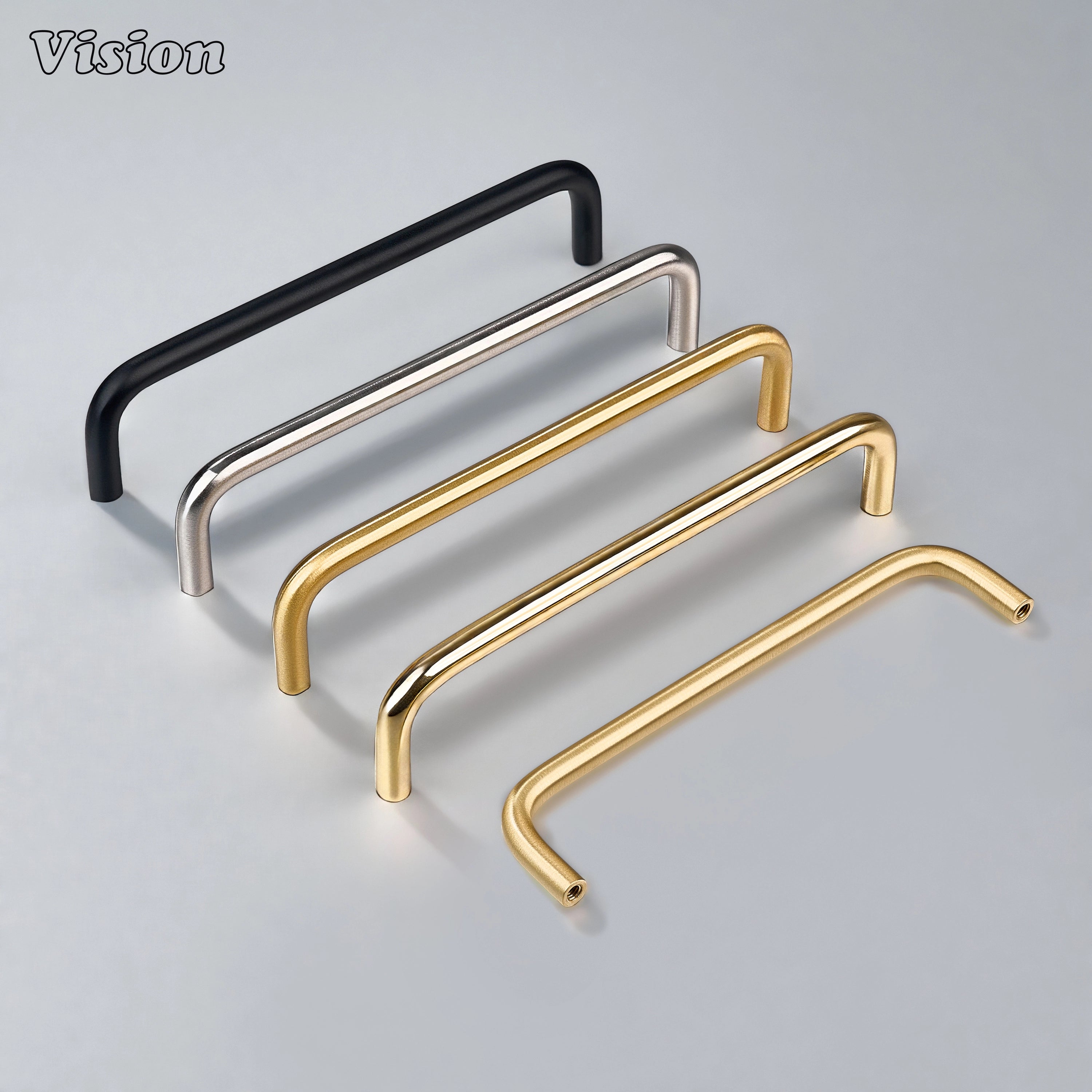 Gold smooth cabinet handle with rounded bar design for bathroom vanity cabinets.
