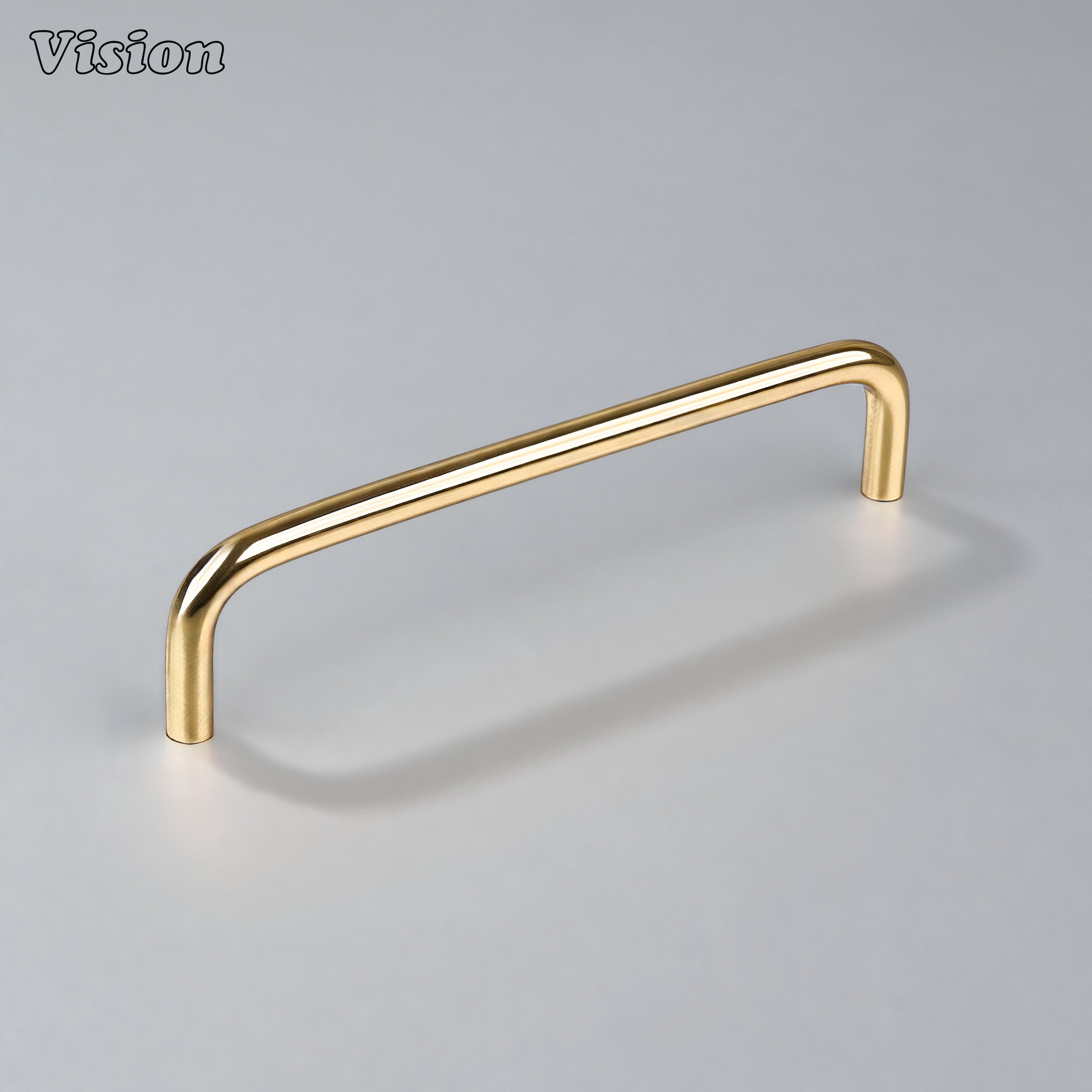 Polished Brass (Lacquered) tubular cabinet pull with curved legs for pantry cupboards and furniture.