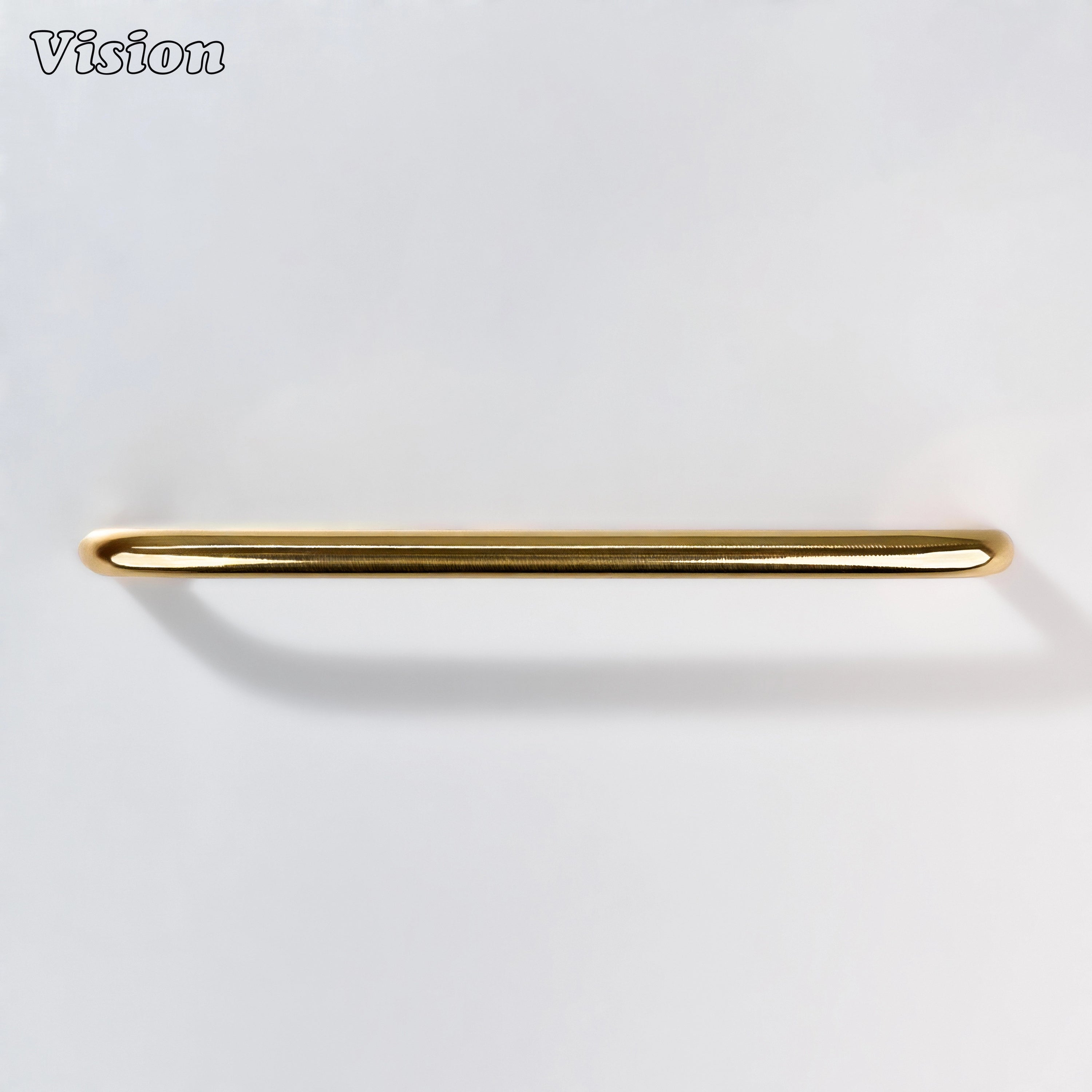 Polished Brass (Lacquered) cabinet pull with rounded tubular bar for custom kitchen cabinetry.