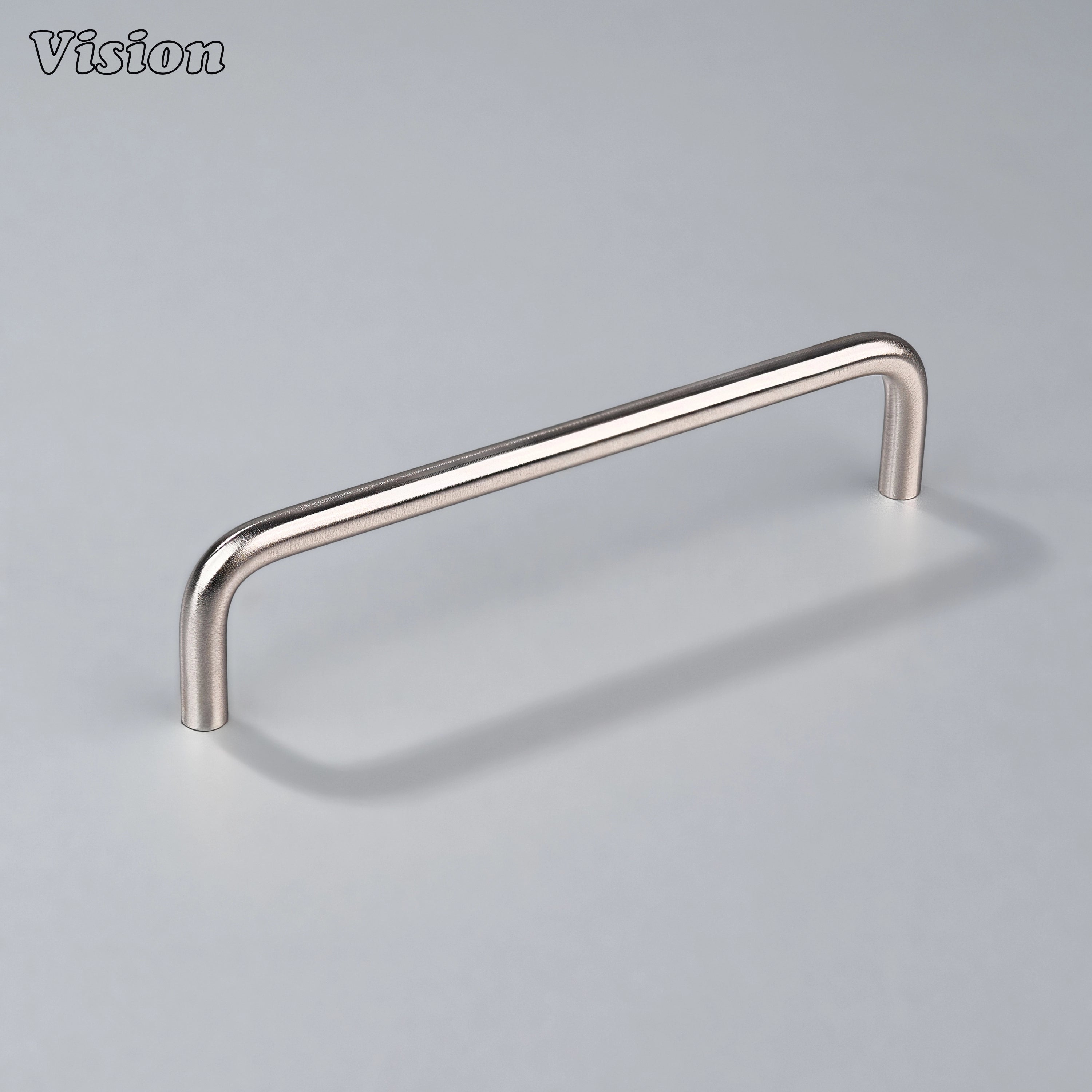 Silver tubular cabinet pull with curved legs for pantry cupboards.
