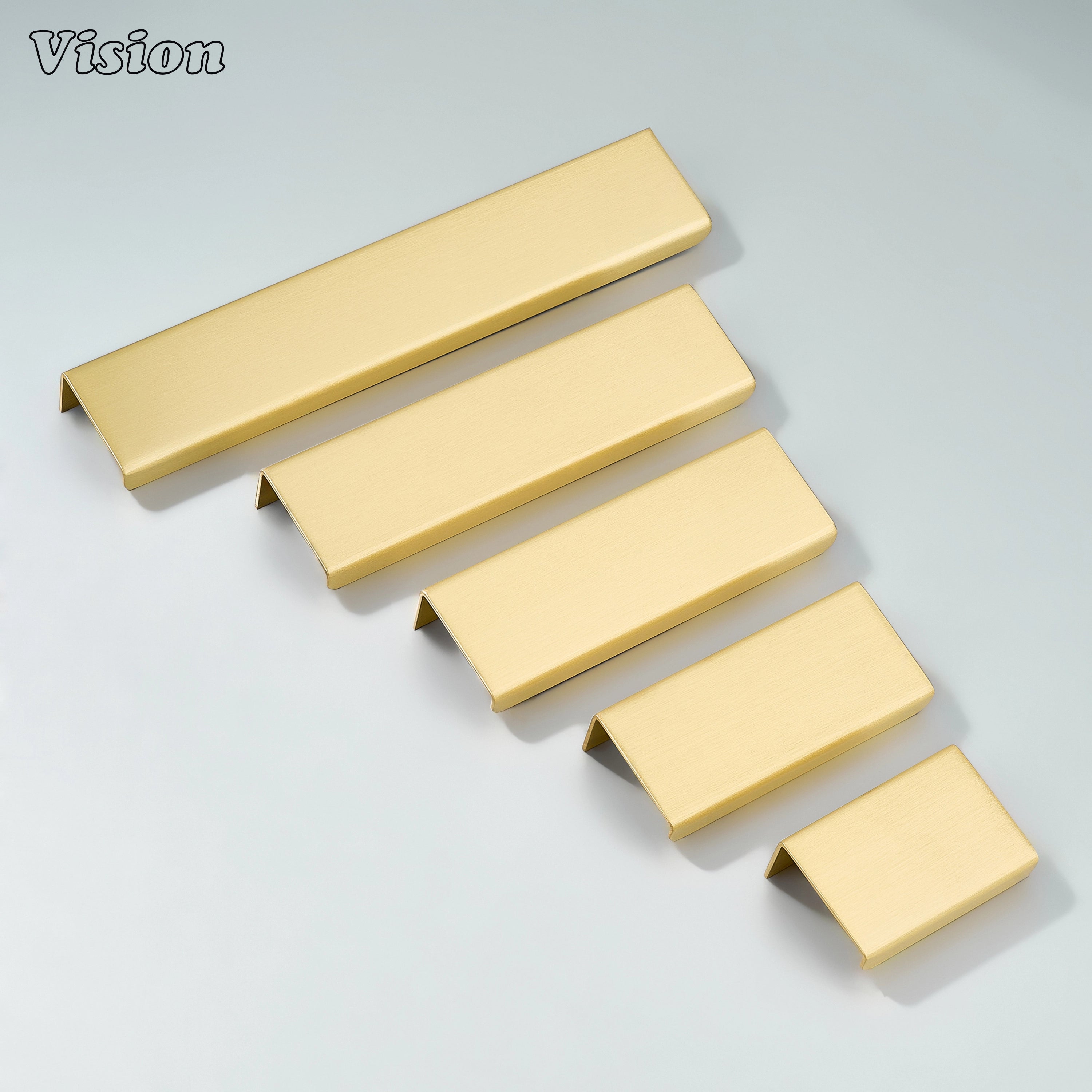 Gold cabinet handle with clean linear lip edge design for minimalist kitchen drawers