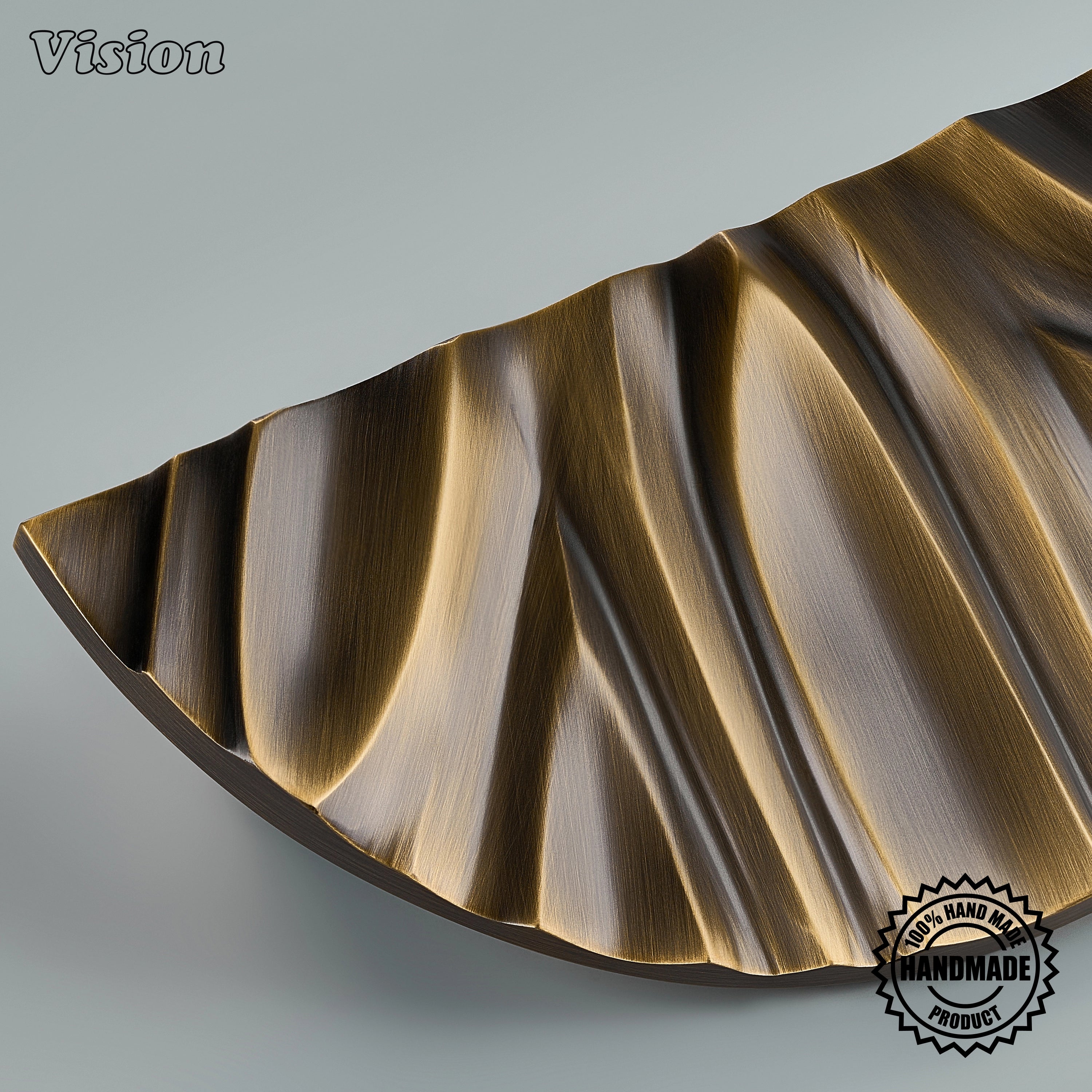 Premium Antique Bronze solid brass semi circle door handle featuring handcrafted wood grain contours for modern pivot doors.