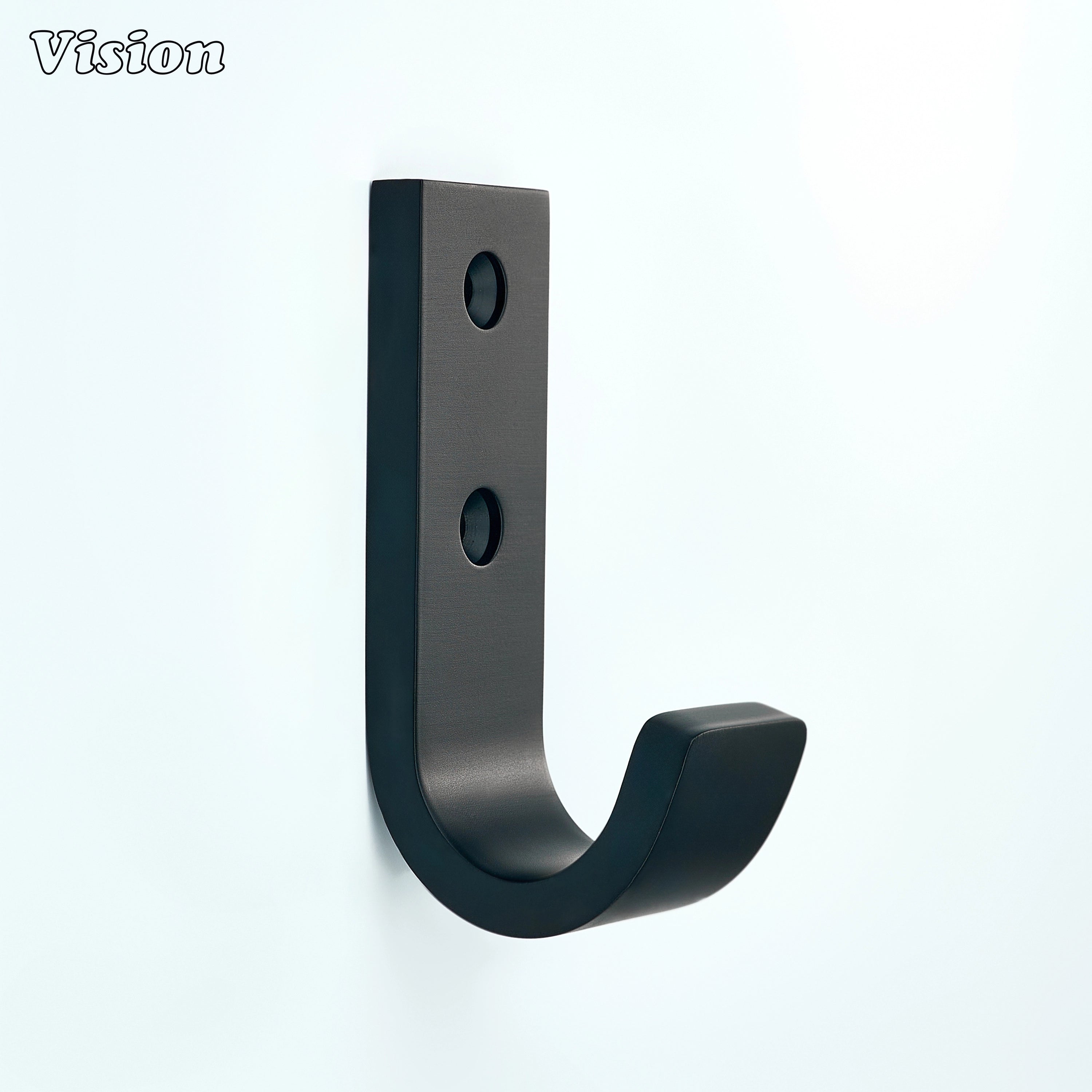 Black wide wall hook made from solid brass with plain curved profile for bedroom walls