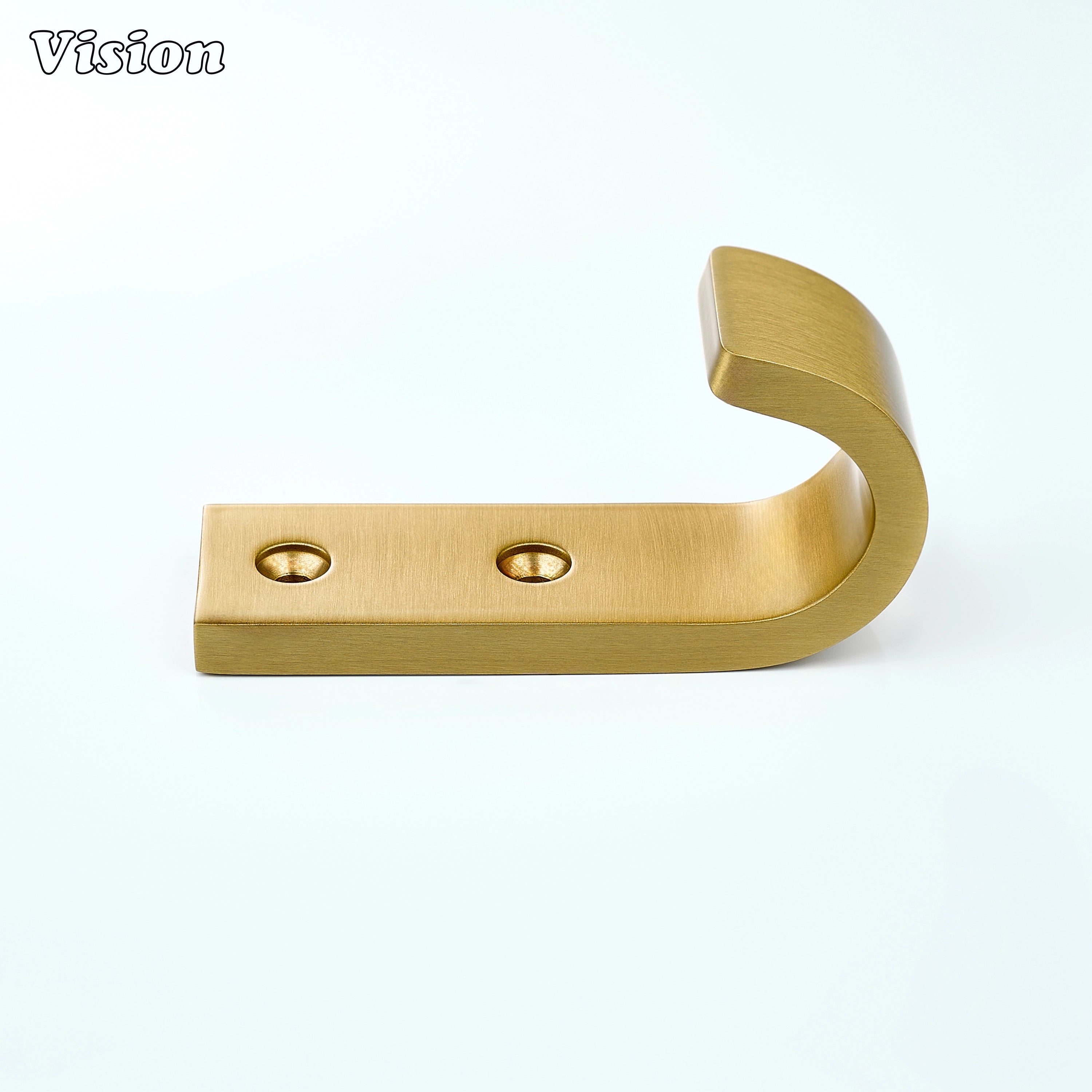 Gold finish solid brass wide wall hook with flat base and curved hook form, used on entryway walls
