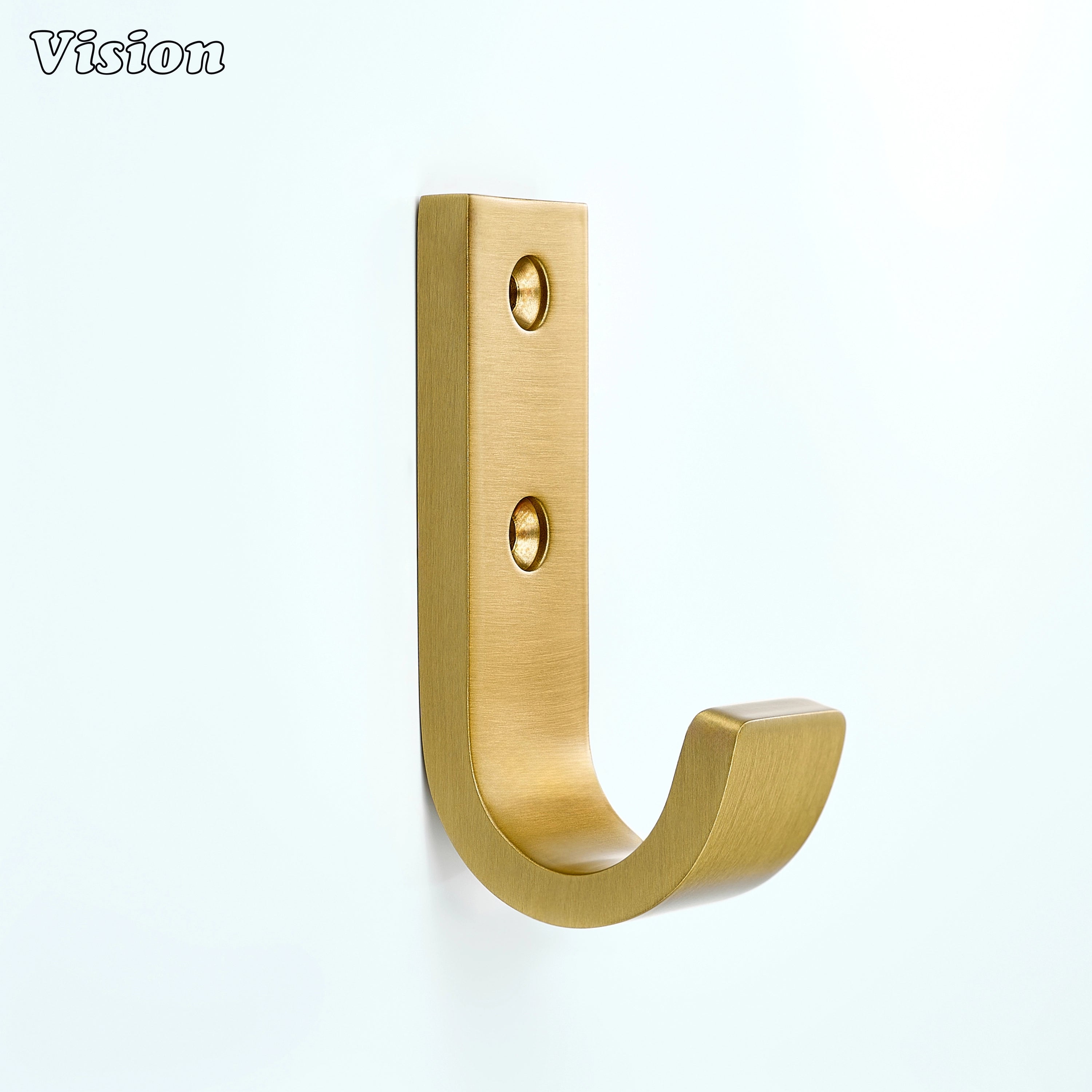 Smooth J-shaped wide wall hook in Gold finish, solid brass construction for hanging hats on walls