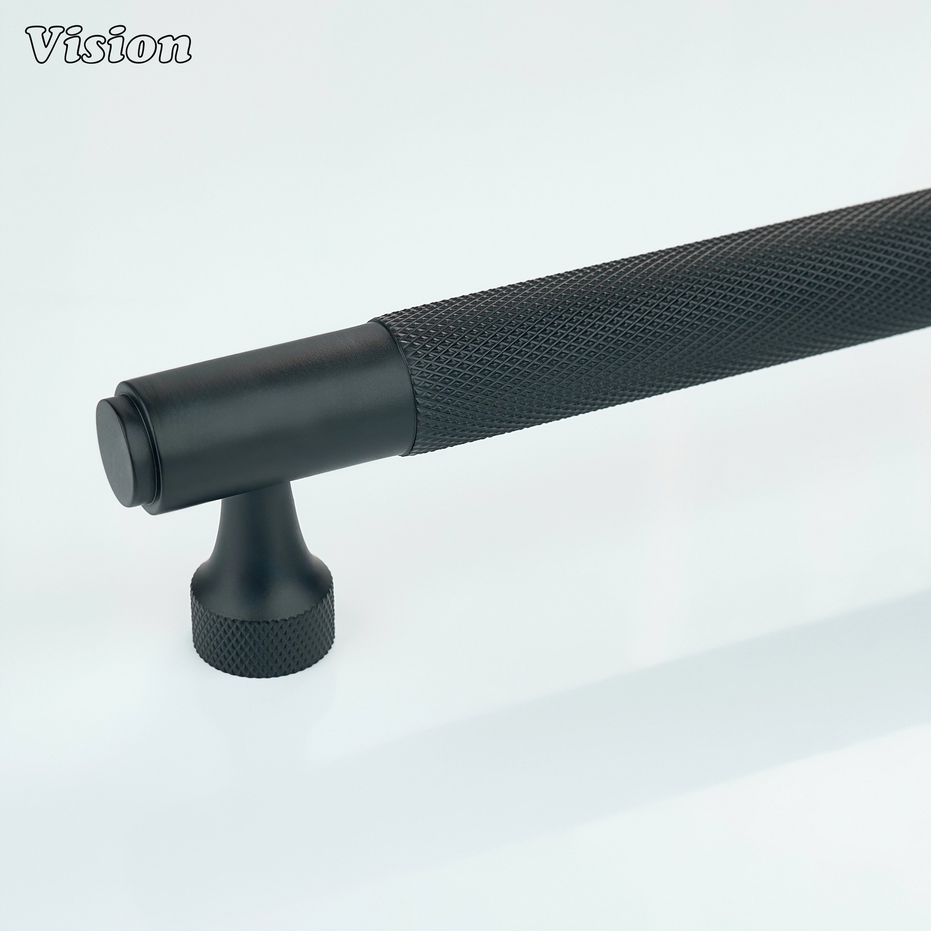 Black knurled brass cabinet handle with cylindrical bar for modern cabinets