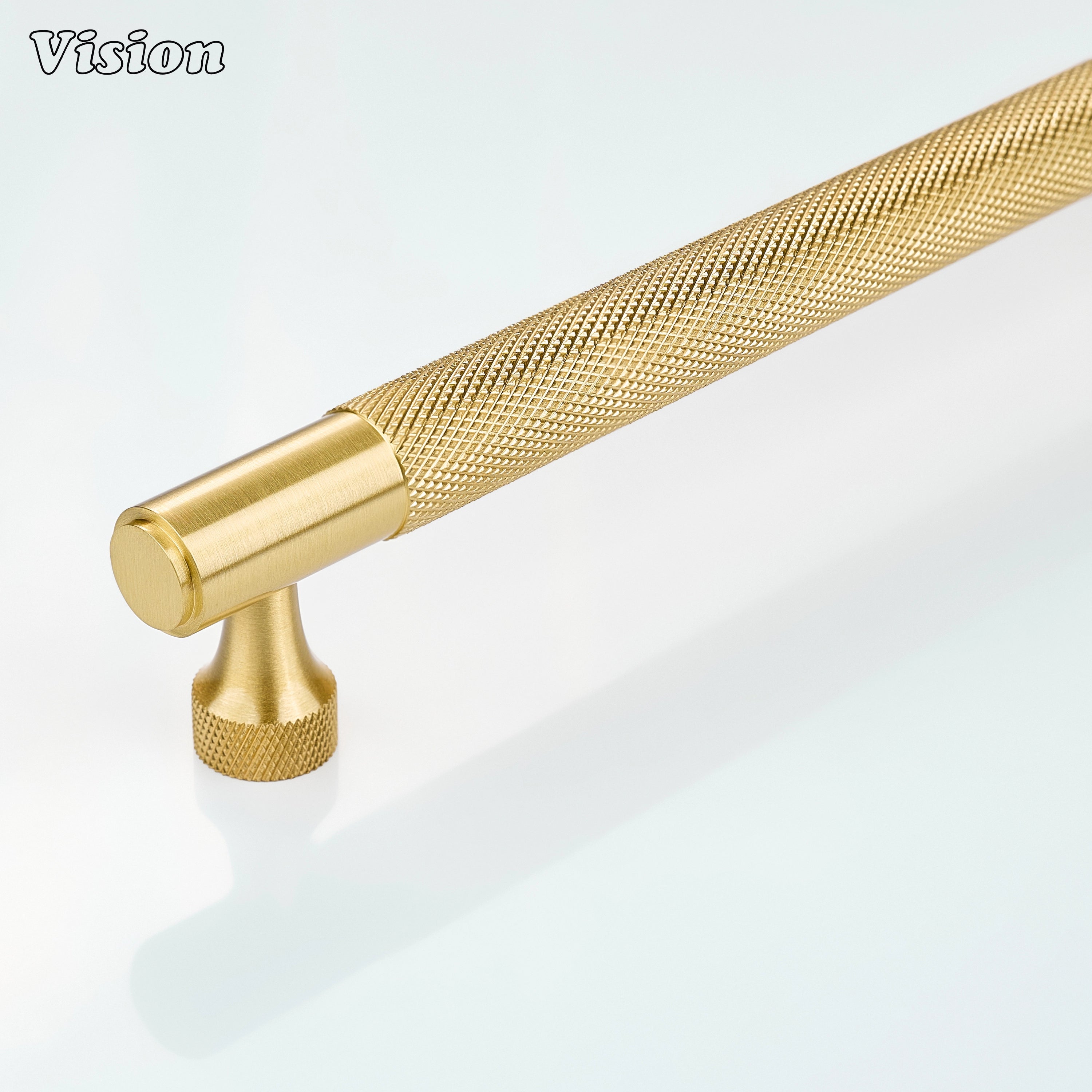 Gold knurled brass cabinet handle with cylindrical bar design for modern kitchen cabinets