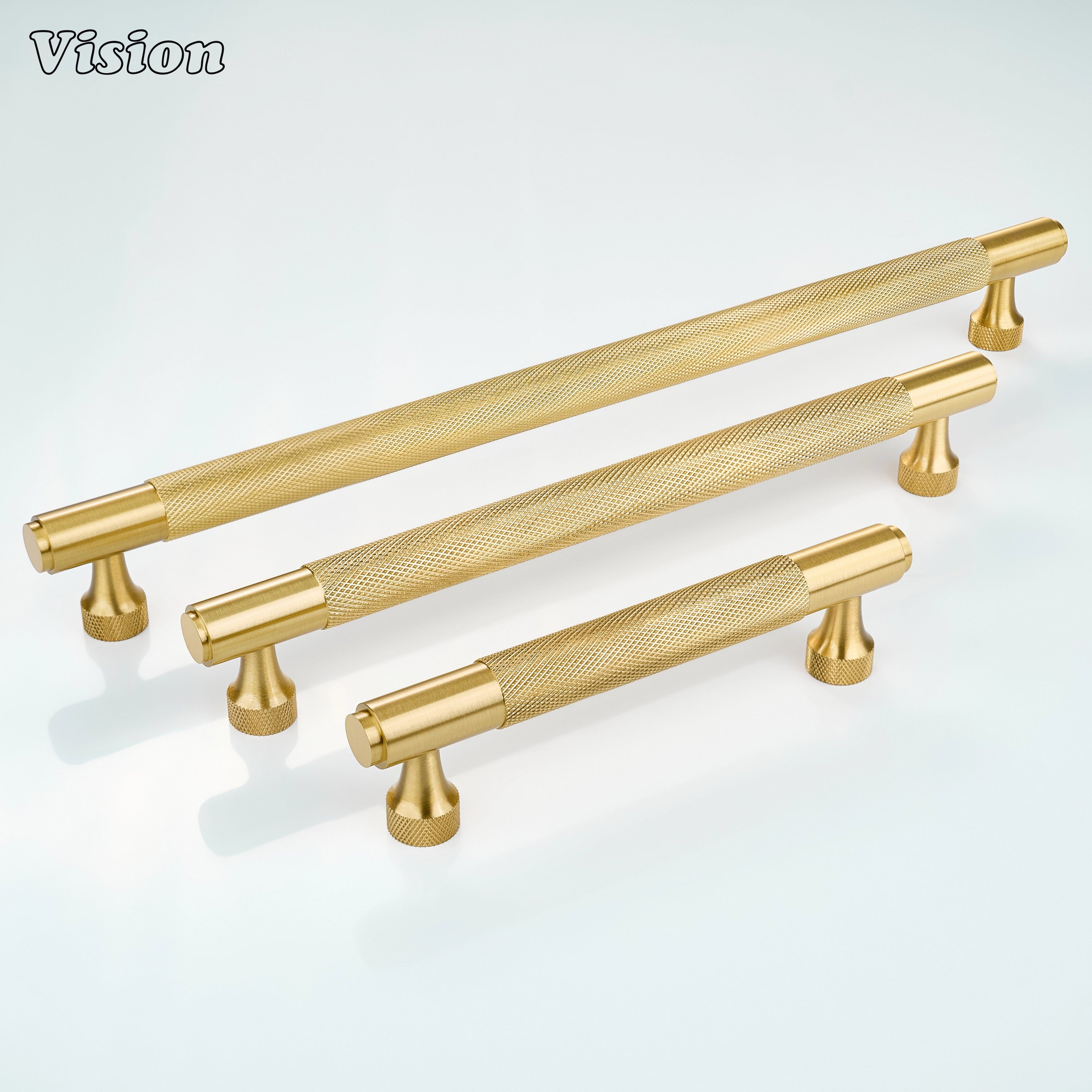 Gold finish knurled cabinet handle with round bar profile for drawer fronts