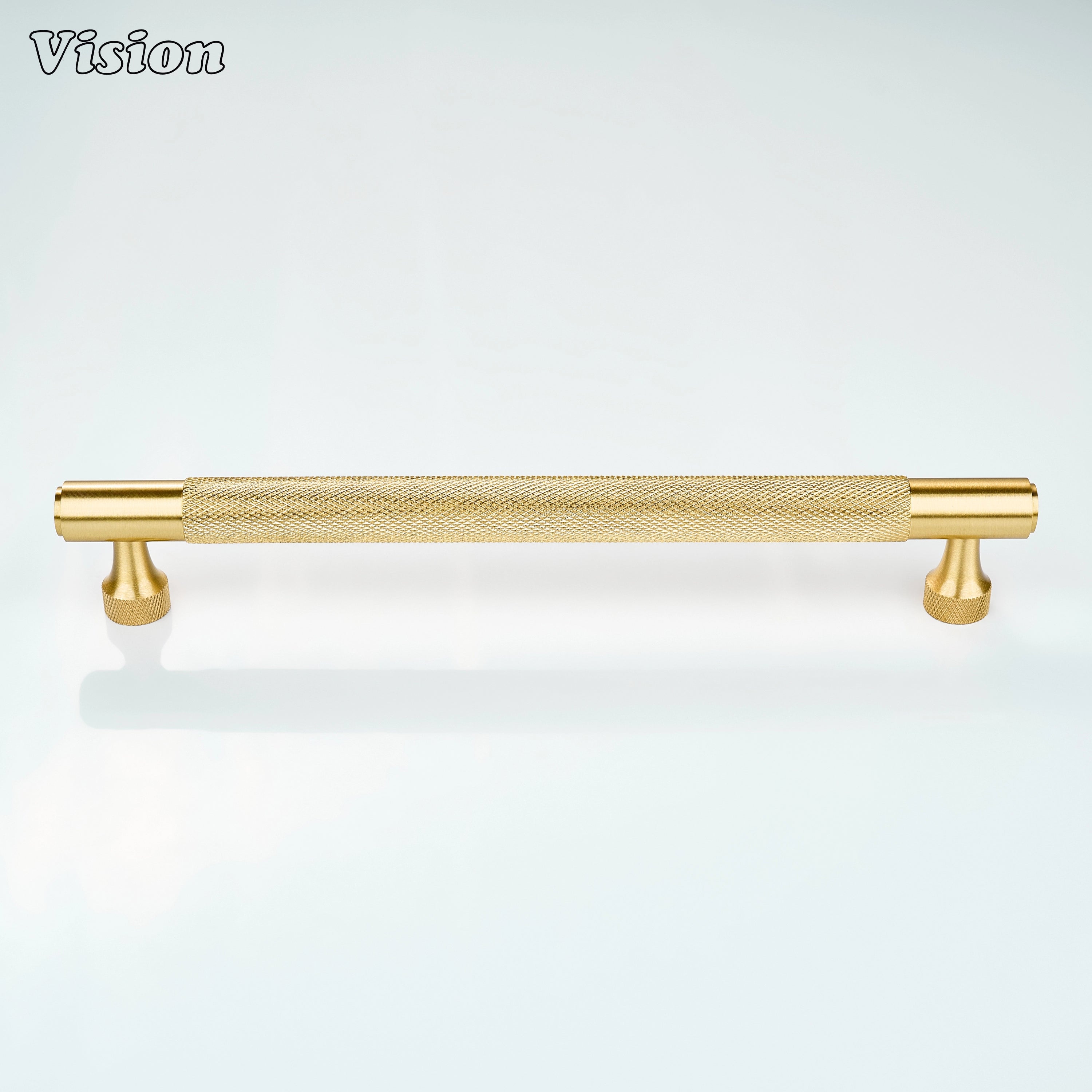 Knurled brass cabinet handle in gold with smooth bar ends for kitchen drawers