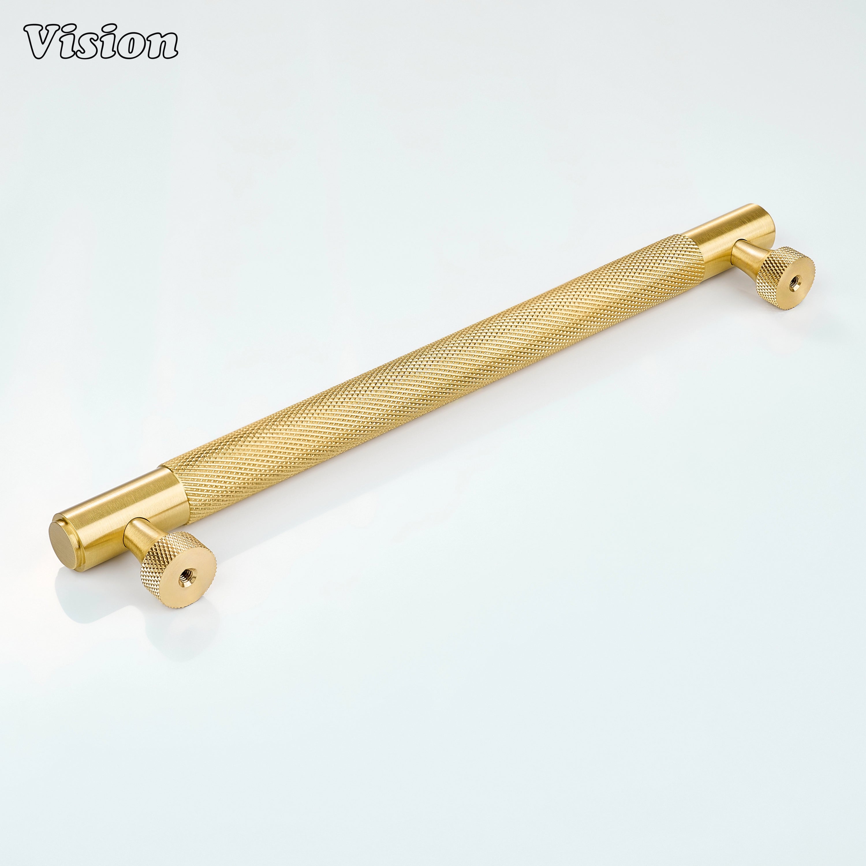 Cylindrical knurled cabinet handle in gold finish for contemporary furniture