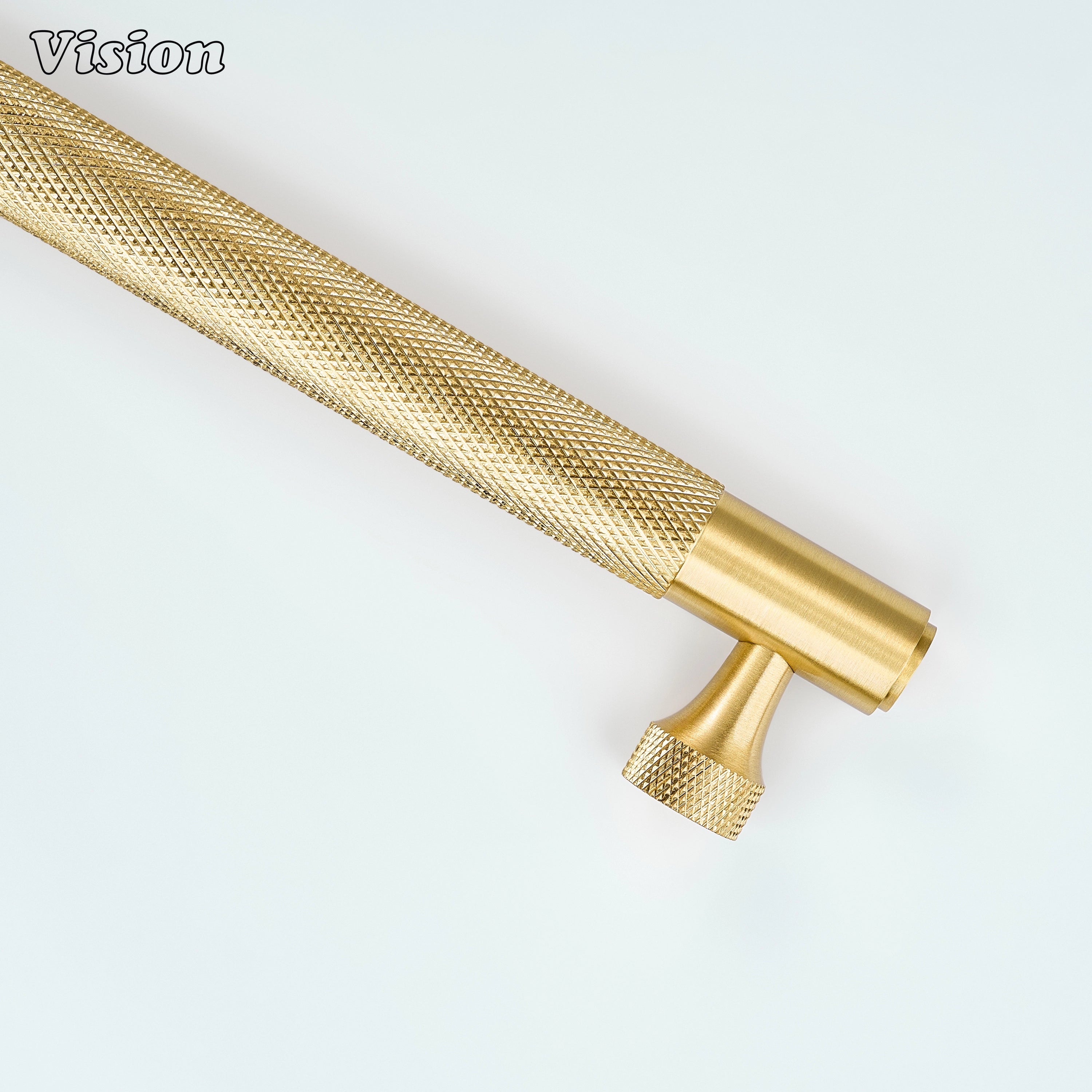 Gold brass knurled cabinet handle with refined bar profile for cabinet doors
