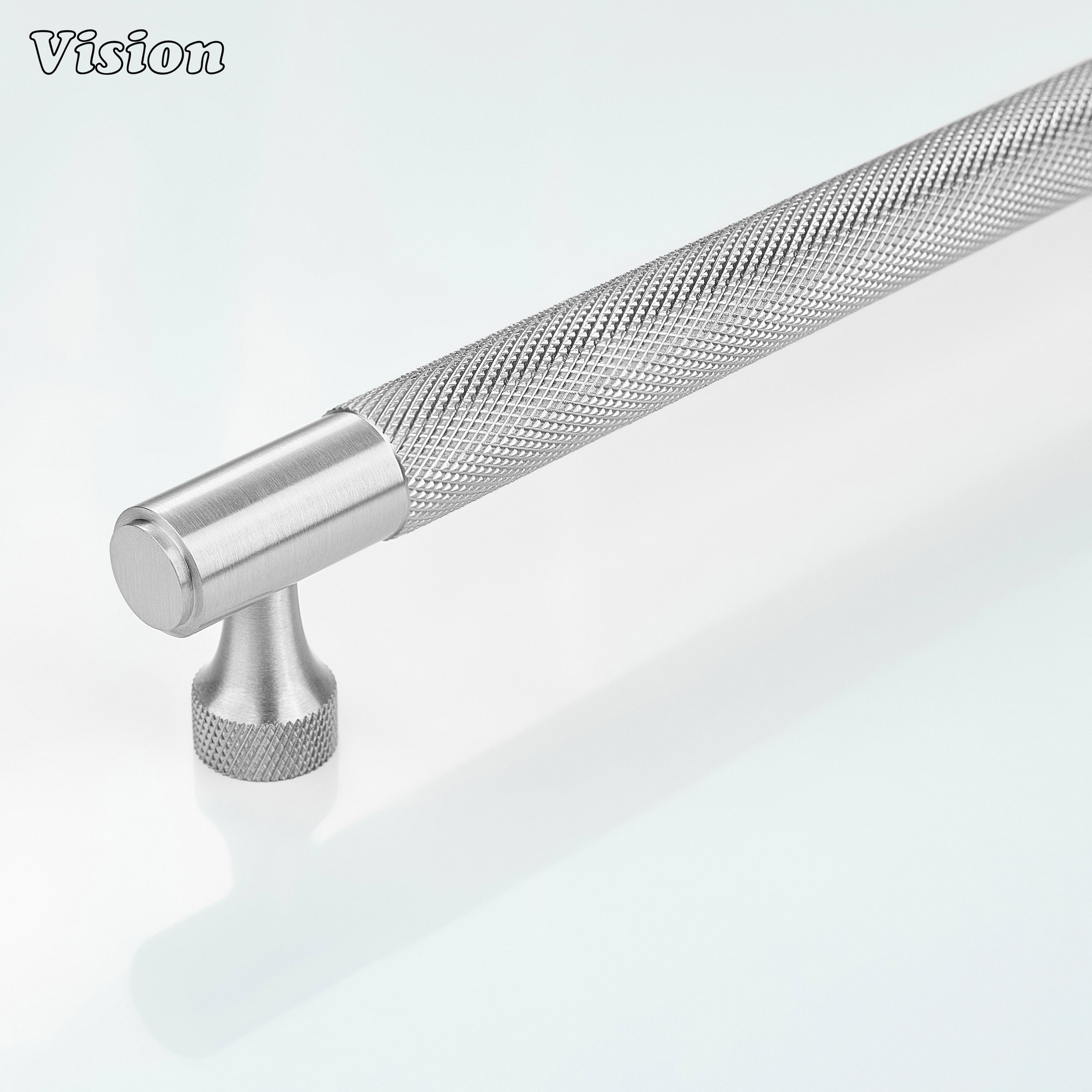 Silver knurled brass cabinet handle with cylindrical bar for kitchen cabinets