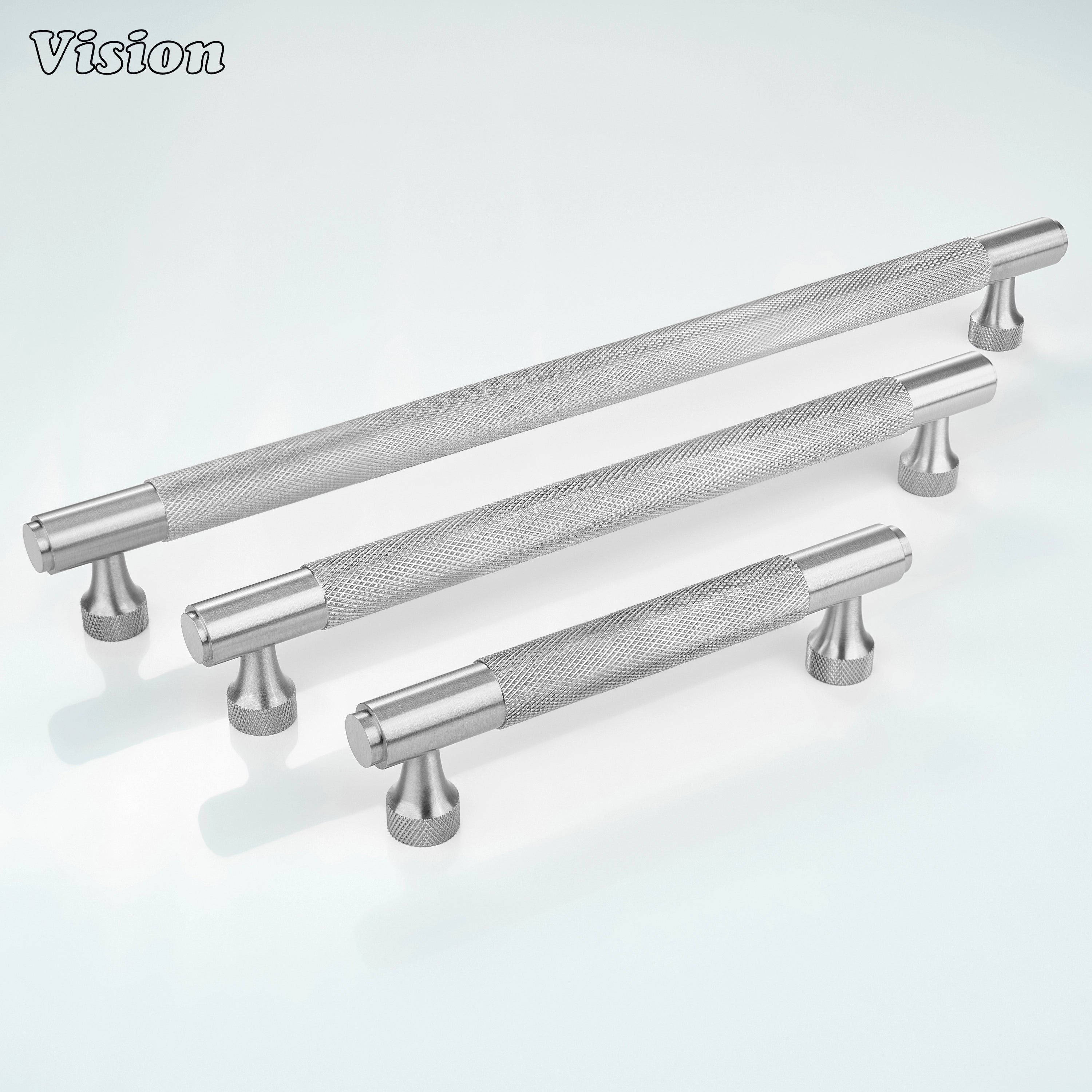 Silver knurled cabinet handle with solid brass bar for drawers