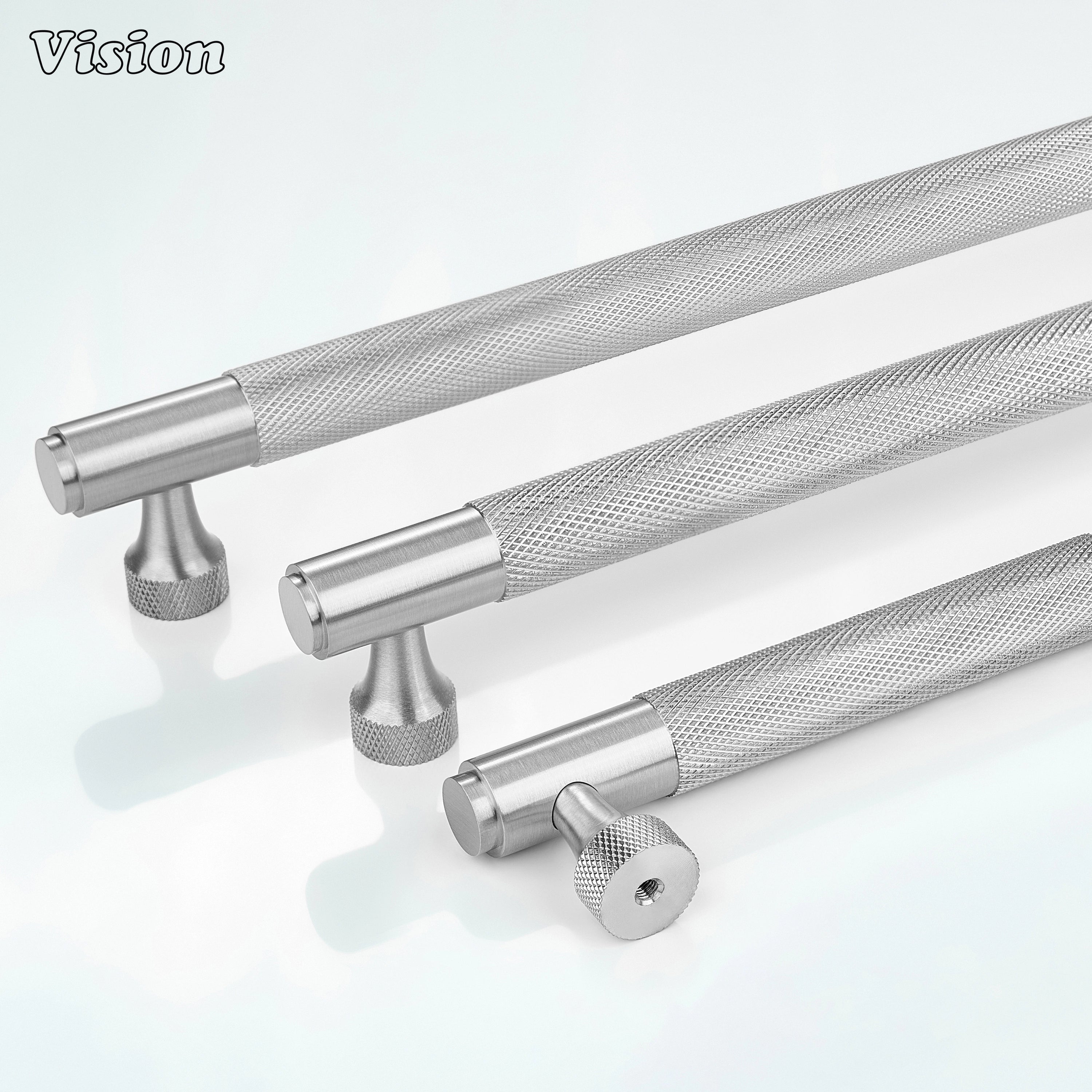 Cylindrical knurled cabinet handle in Silver for furniture units