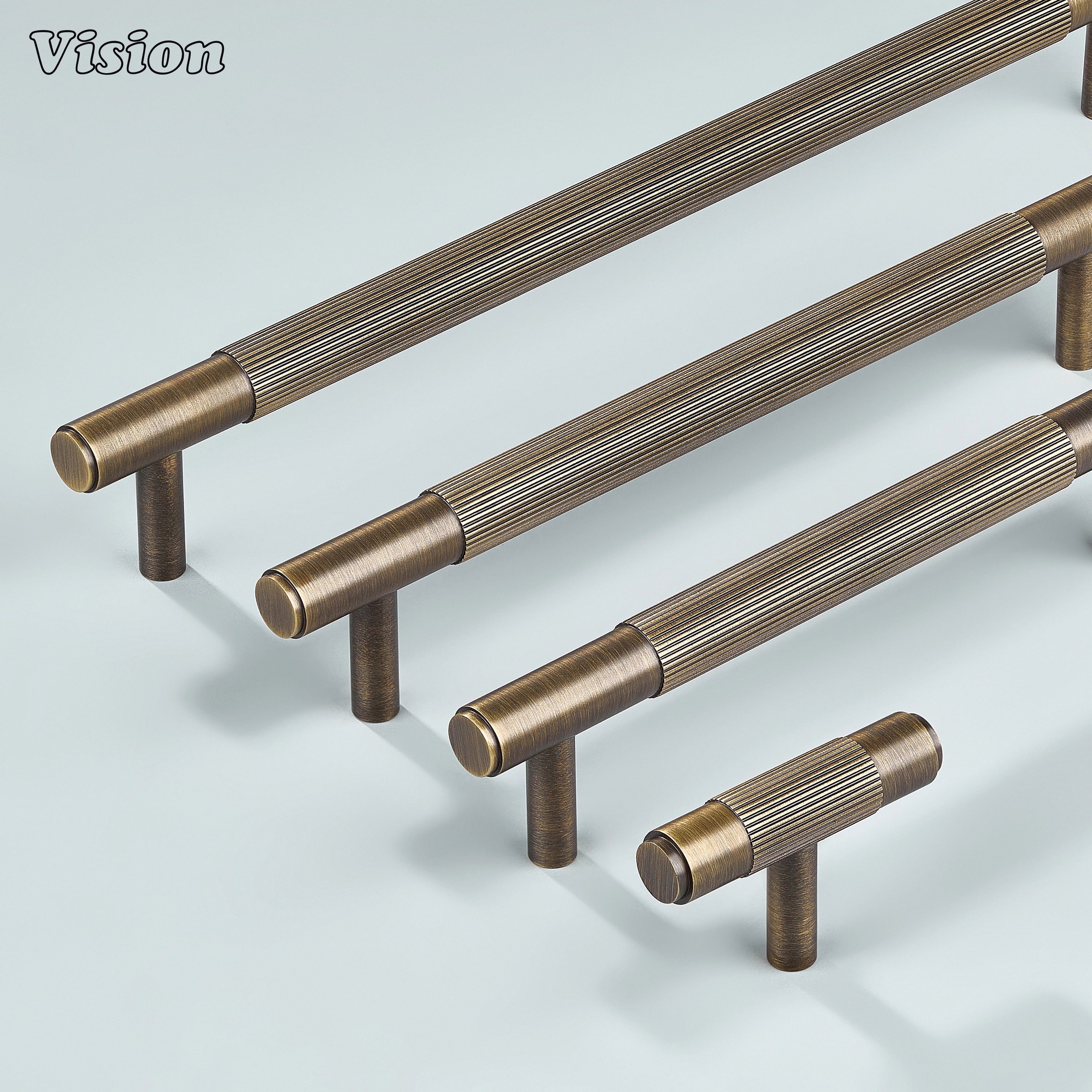 Satin brass antique bronze handle with linear knurling.