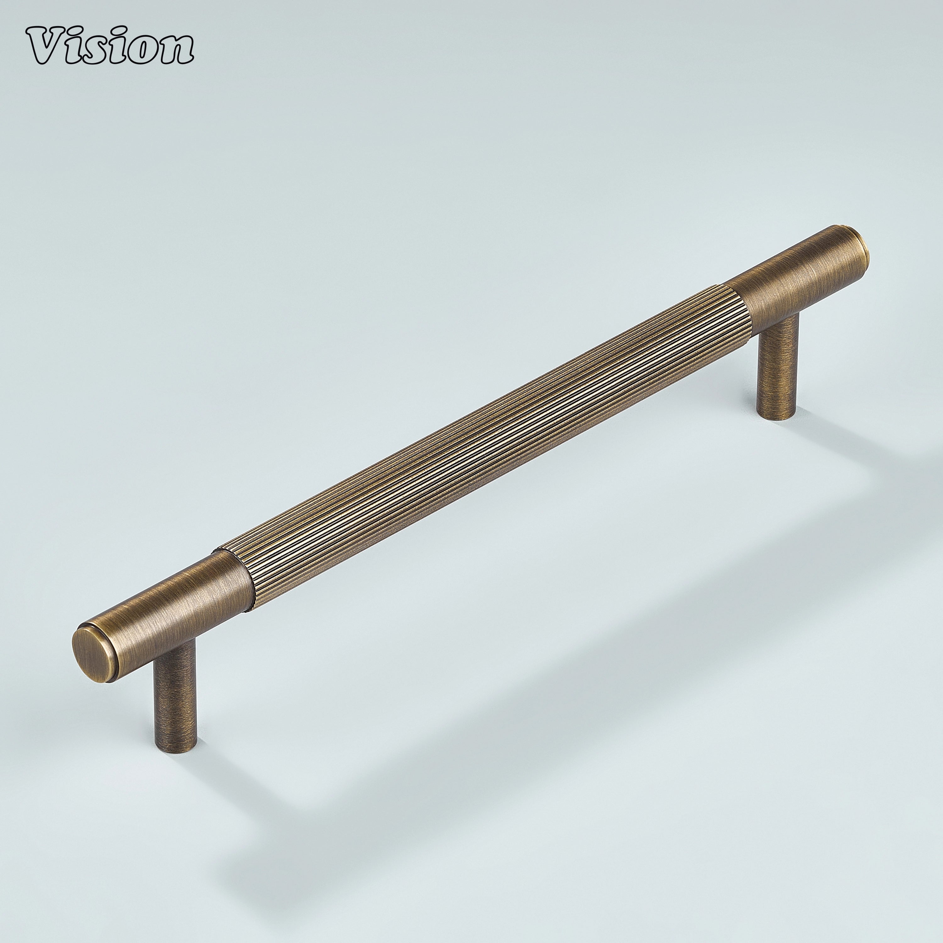 Classic brass handle in antique bronze with linear texture.