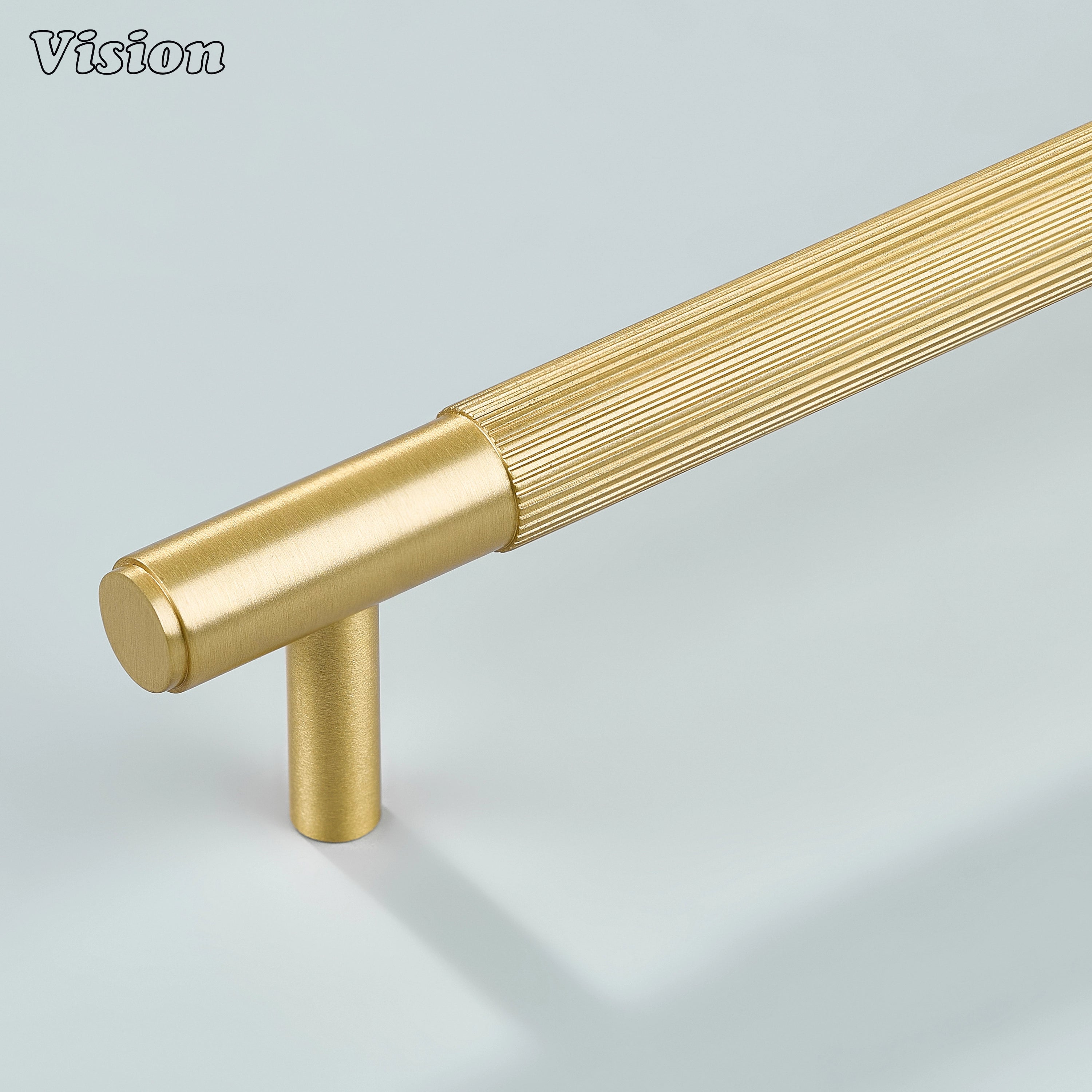 Gold satin brass linear knurled cabinet handle for modern kitchens.