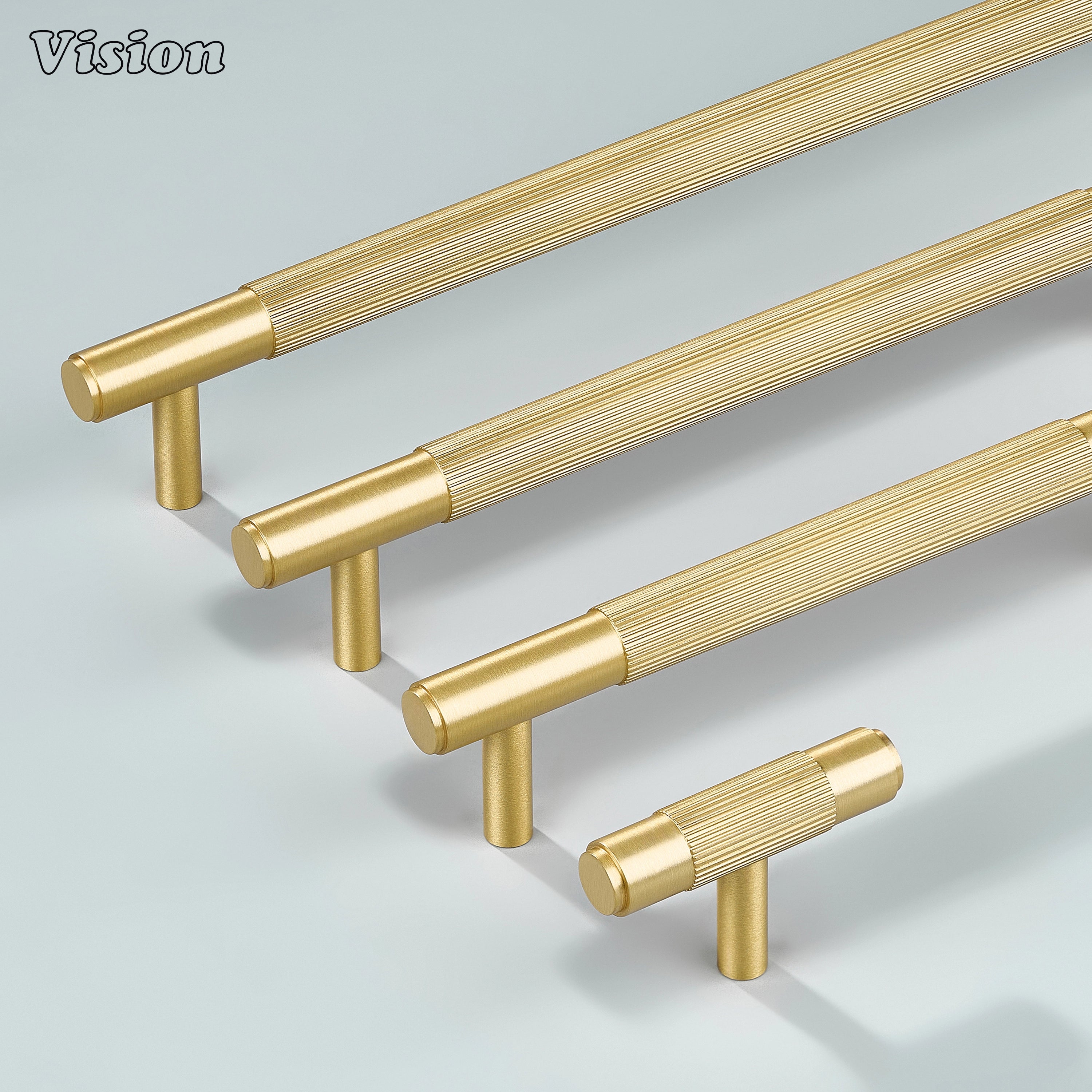 Elegant satin brass gold knurled handle for cupboards and cabinets.