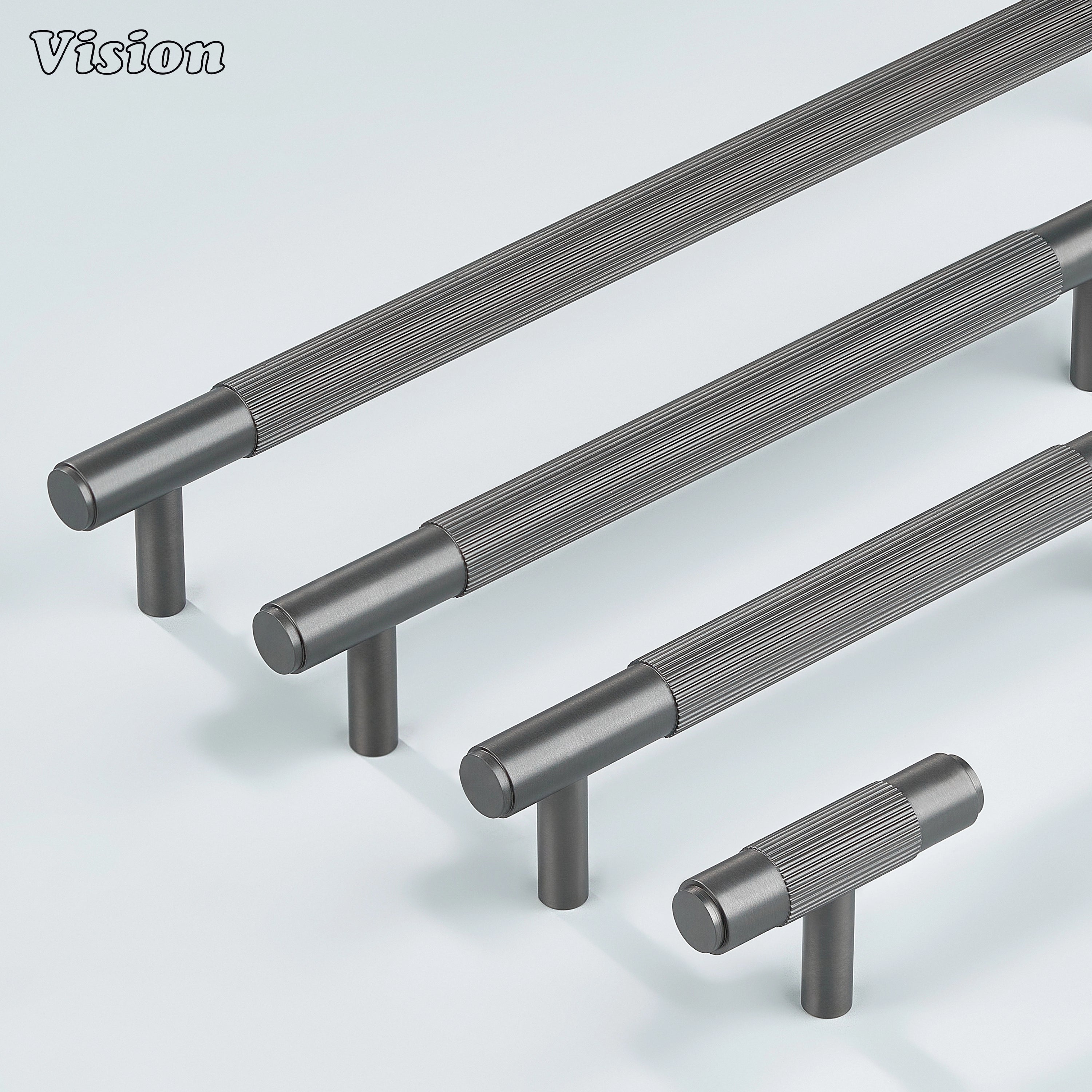 Sleek gunmetal linear brass handle with fine knurling.