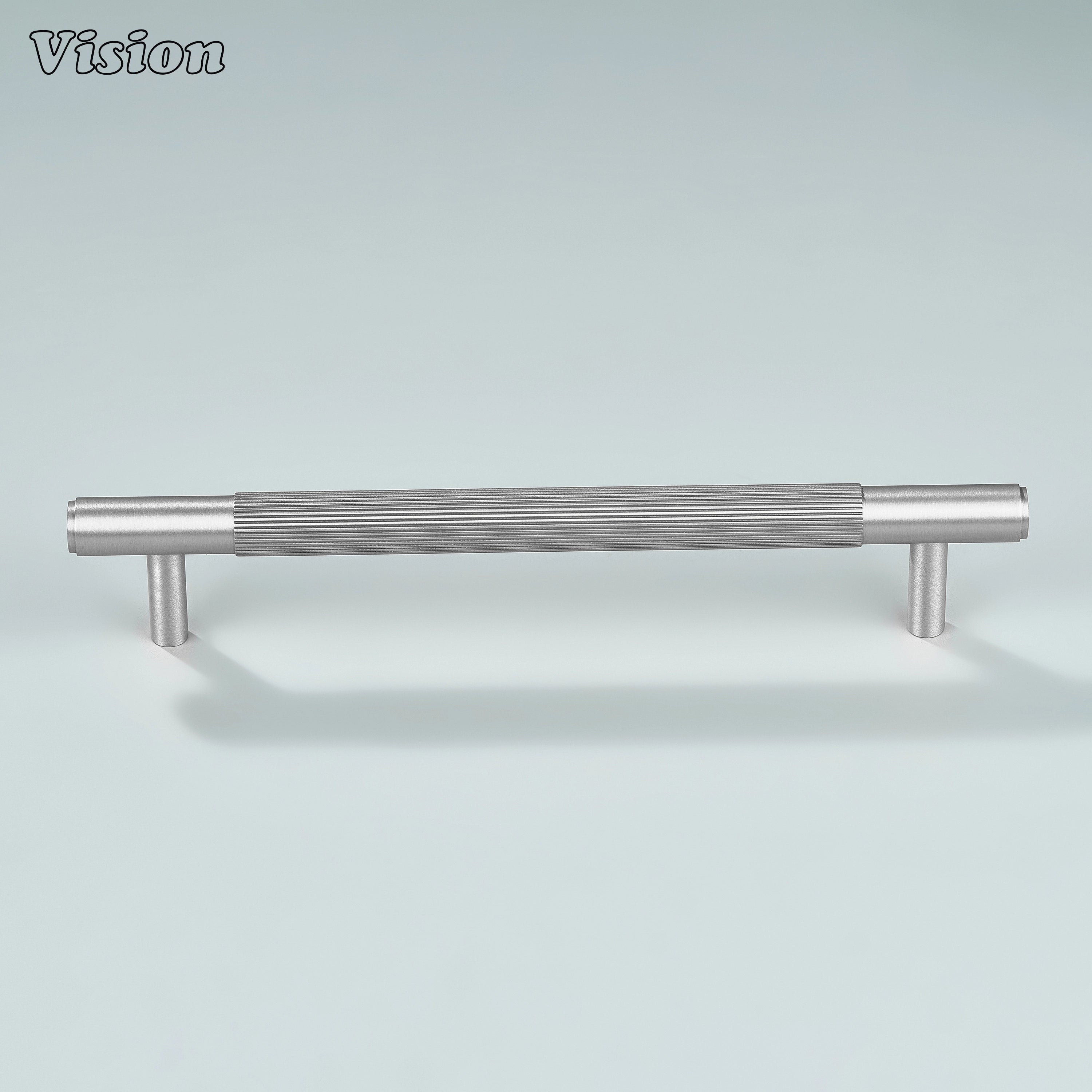 Sleek linear satin brass silver handle for kitchen cupboards.