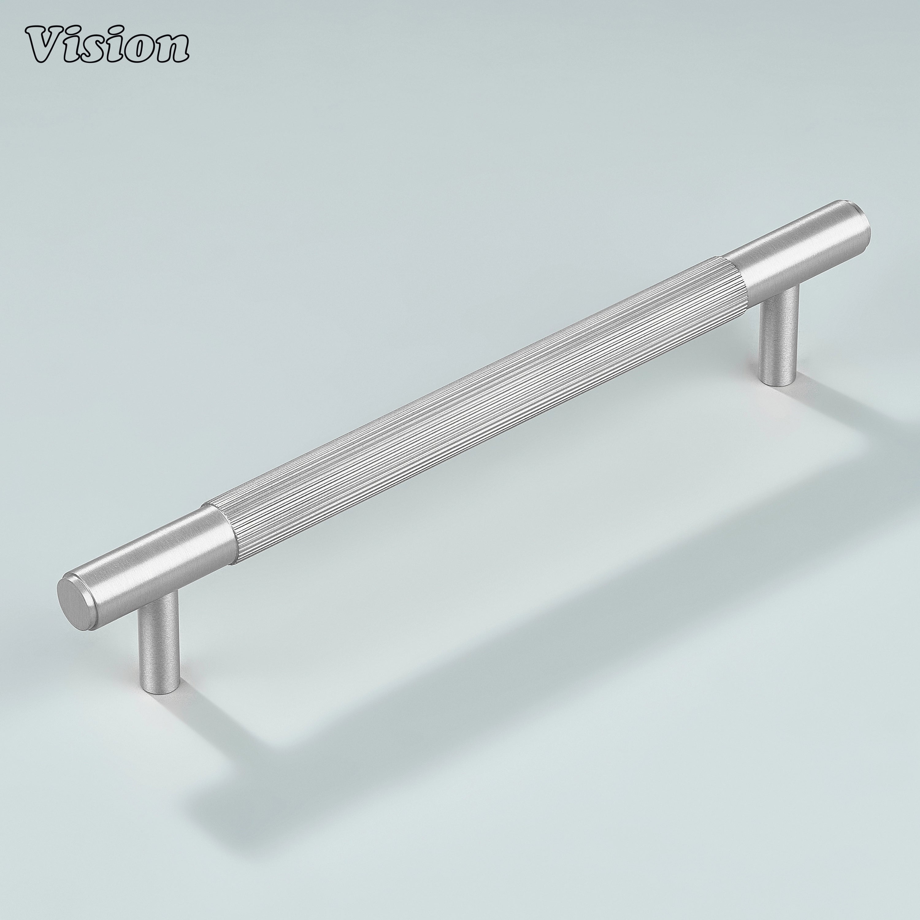 Modern silver cabinet handle with precision linear knurling.