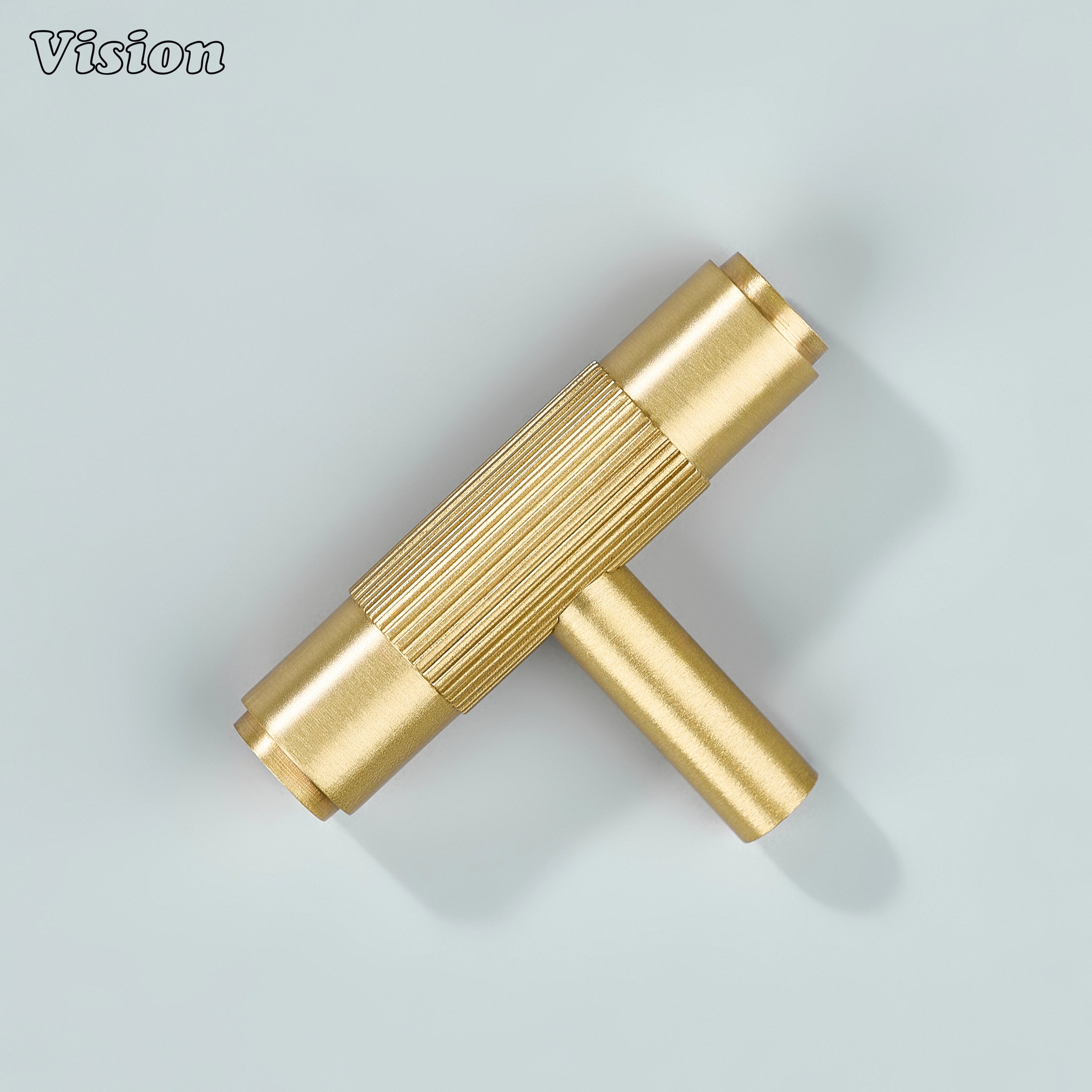 Satin brass gold linear T-knob for furniture and drawers.