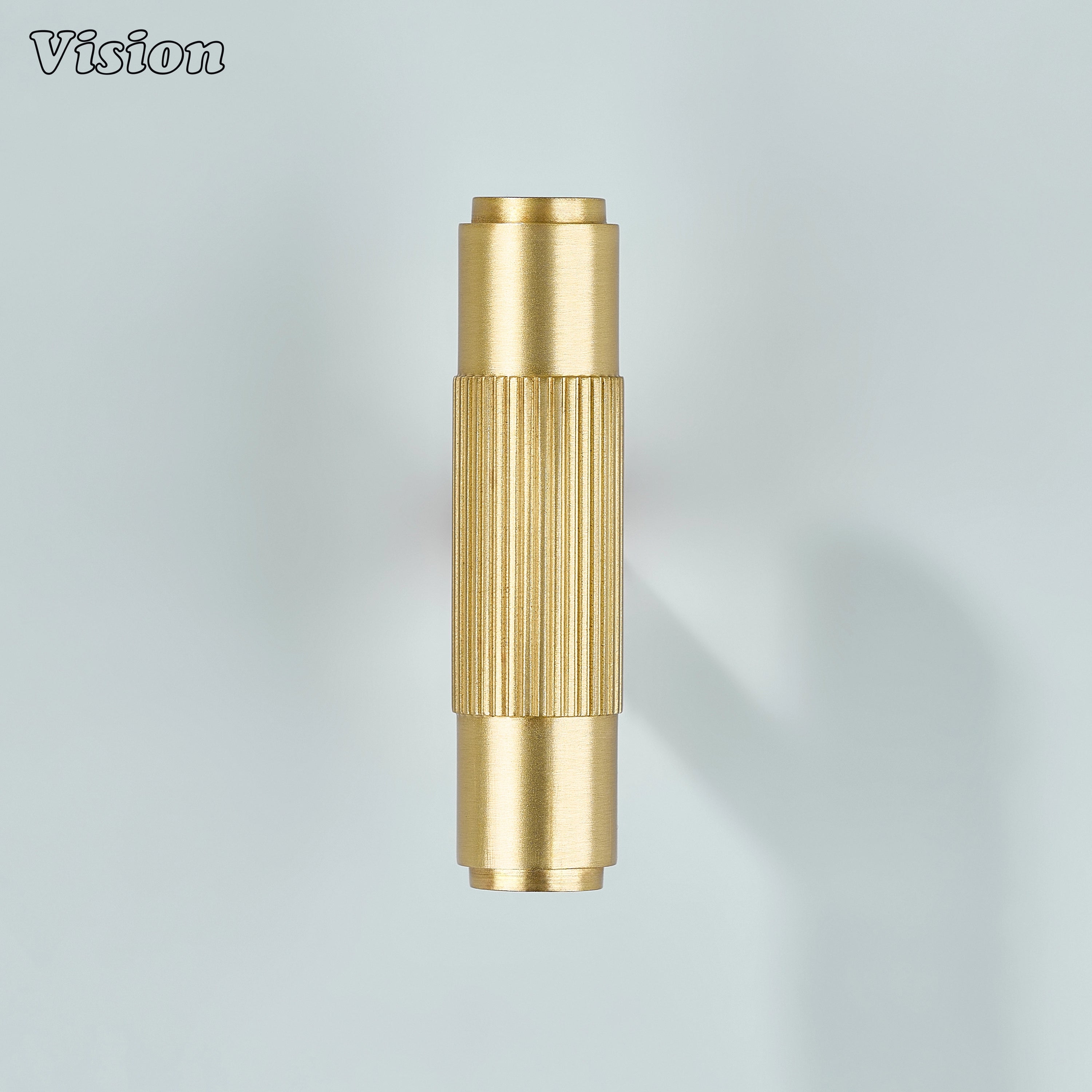 Luxurious gold cabinet T-knob with linear knurling pattern.
