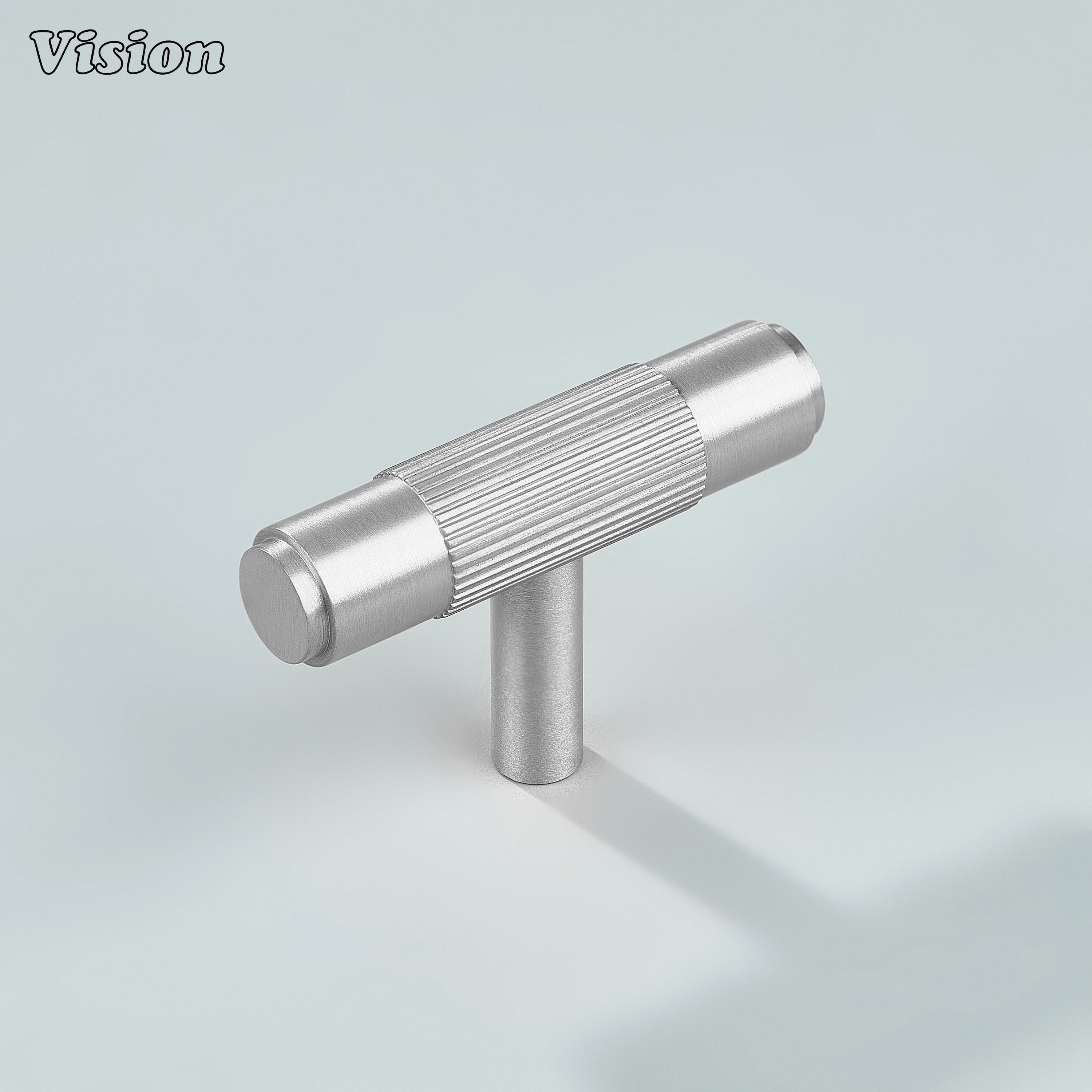 Silver brass linear knurled T-knob for wardrobes and cabinets.