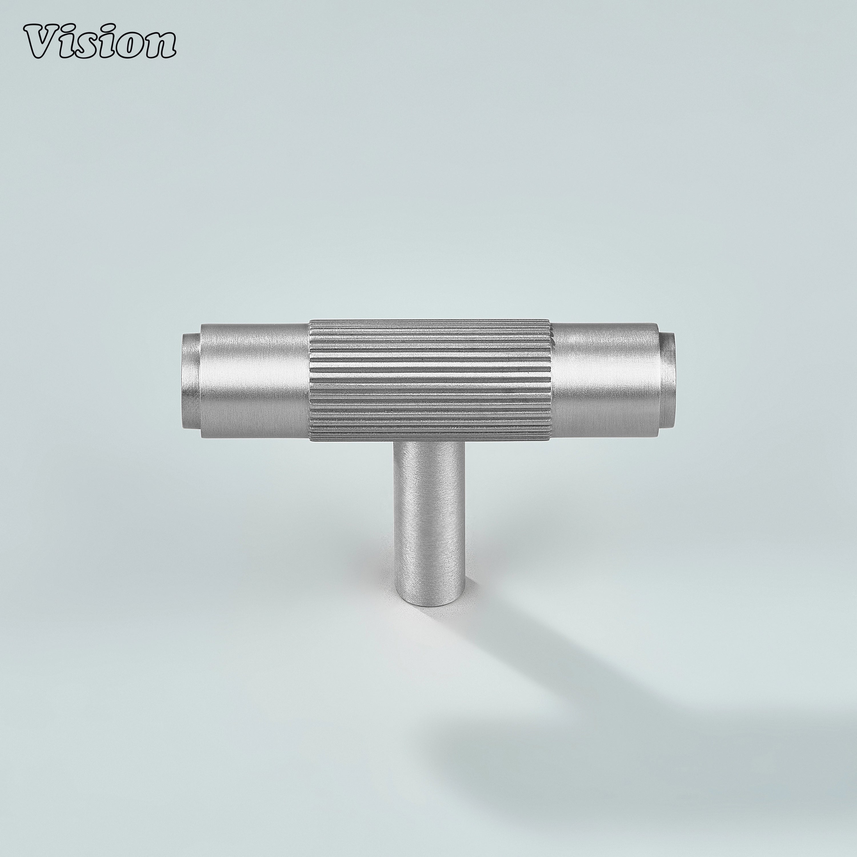 Ignite silver T-knob with linear knurling for modern interiors.