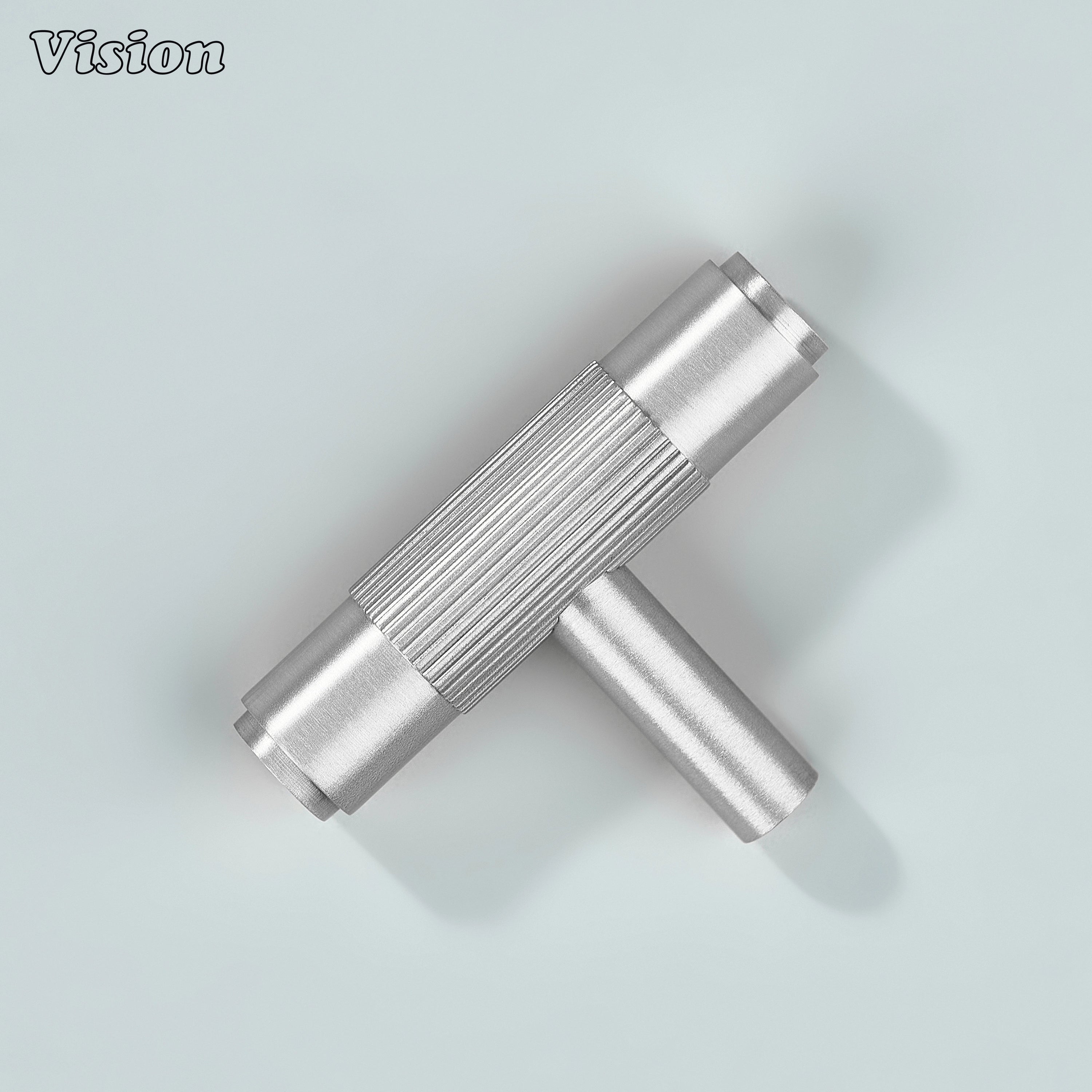 Satin silver linear T-knob crafted from solid brass.