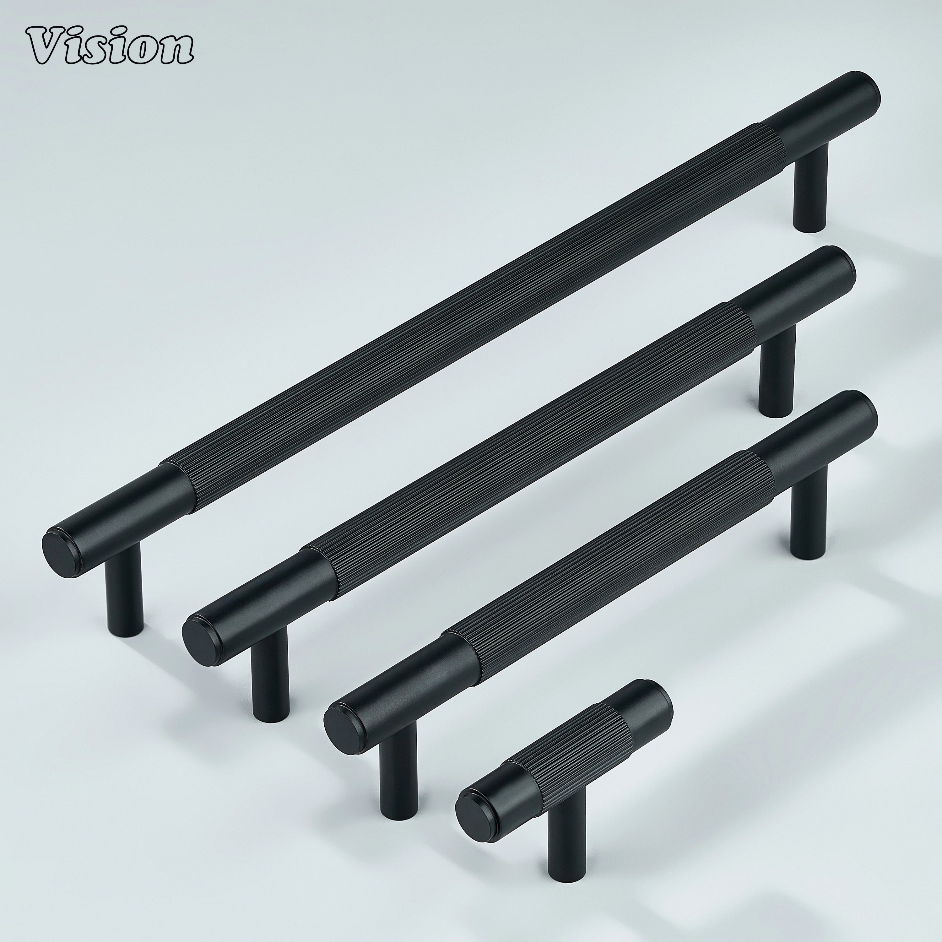 Ignite black linear knurled handle ideal for kitchen cabinets.