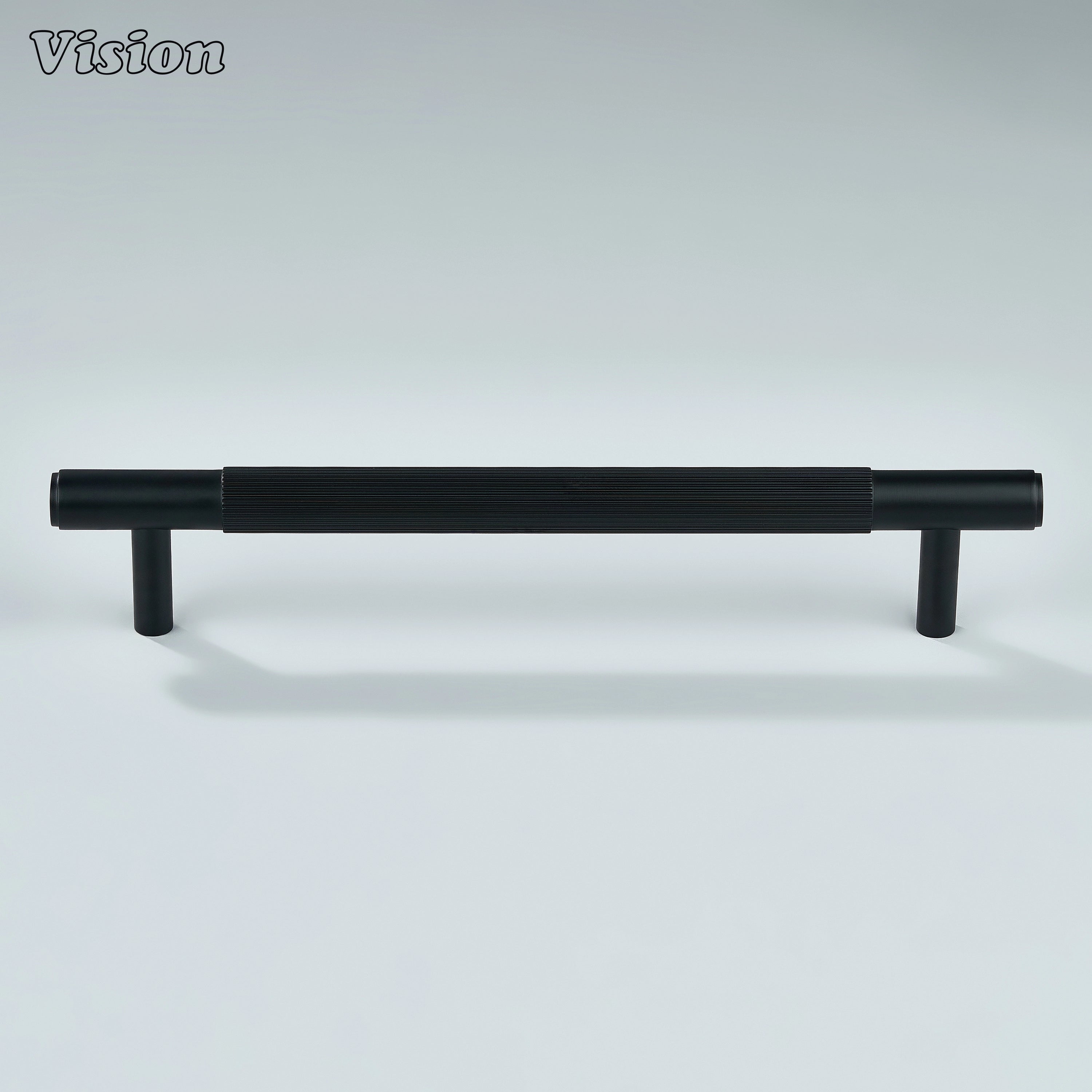 Black linear knurled handle for wardrobes, cupboards, and drawers.