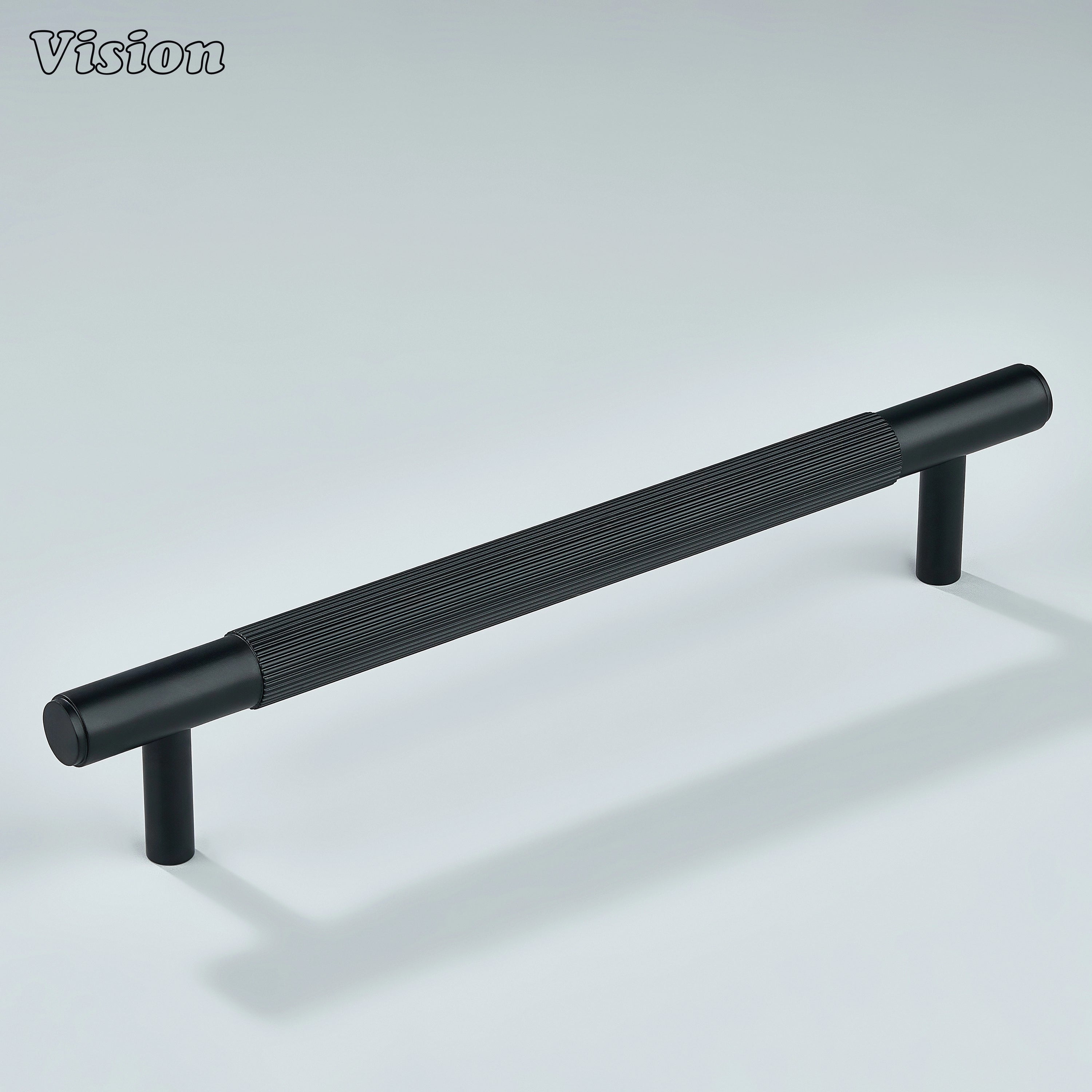 Sleek linear knurled handle in black finish for kitchen furniture.
