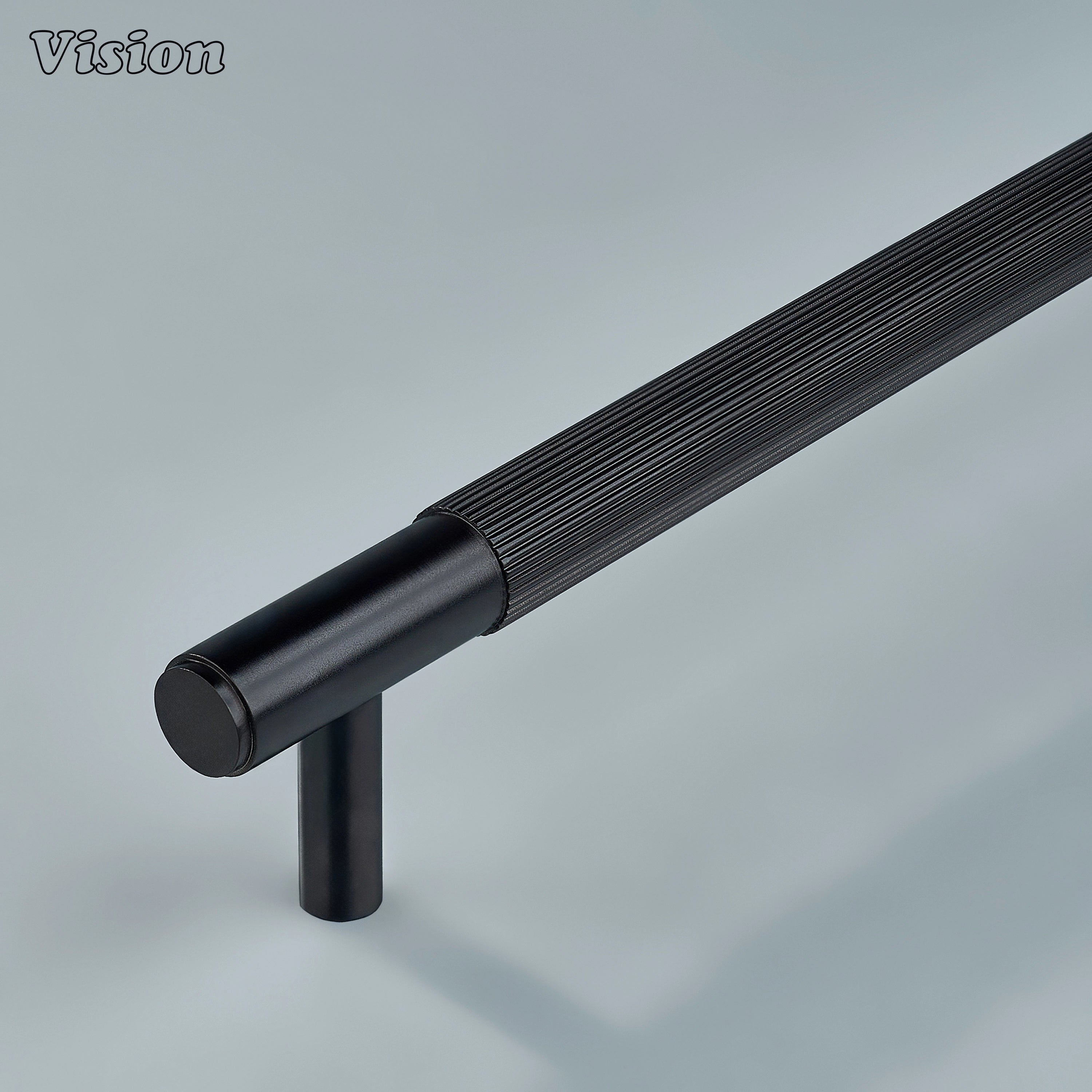Oil rubbed bronze satin brass linear knurled cabinet handle.