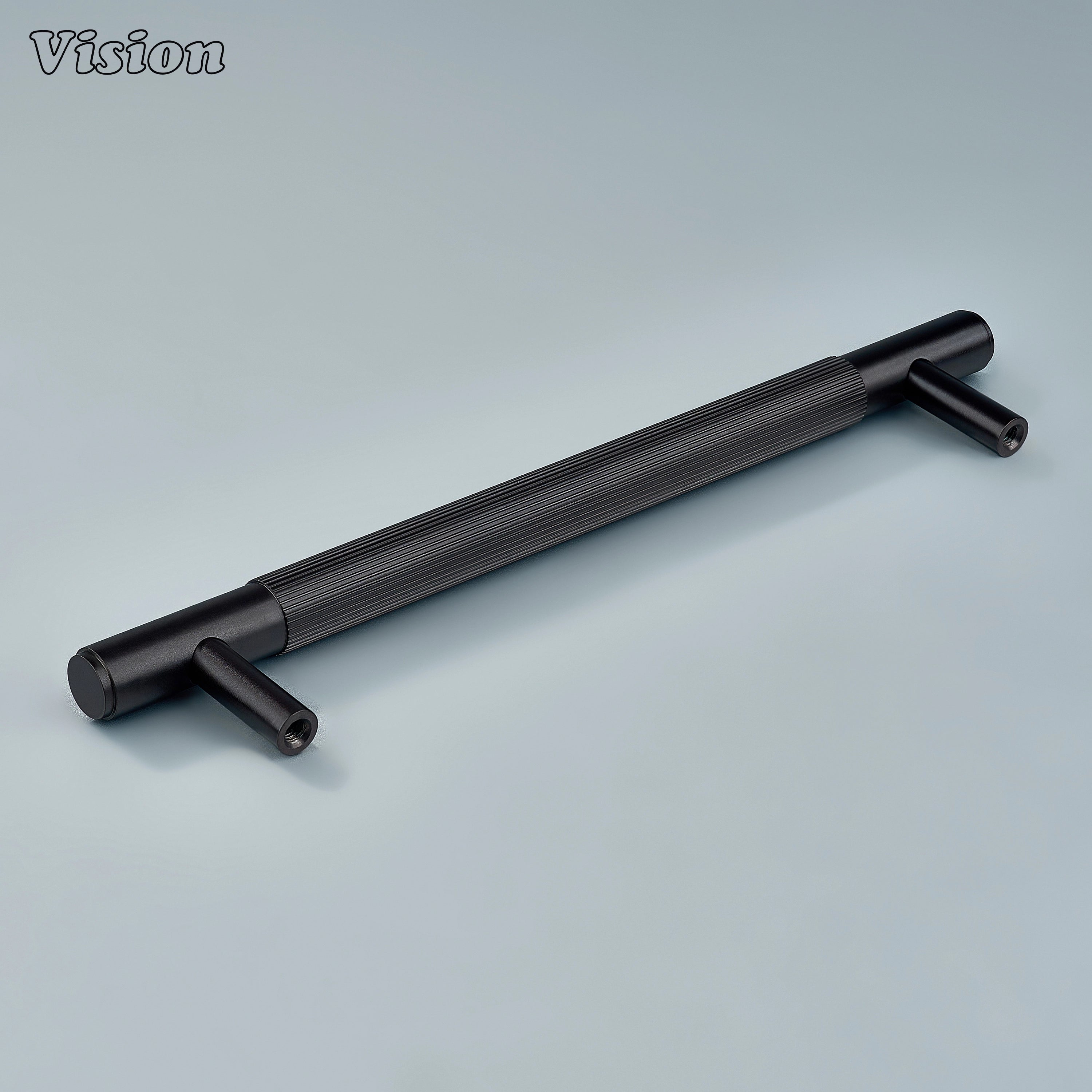 Durable linear knurled handle in oil rubbed bronze for kitchens.