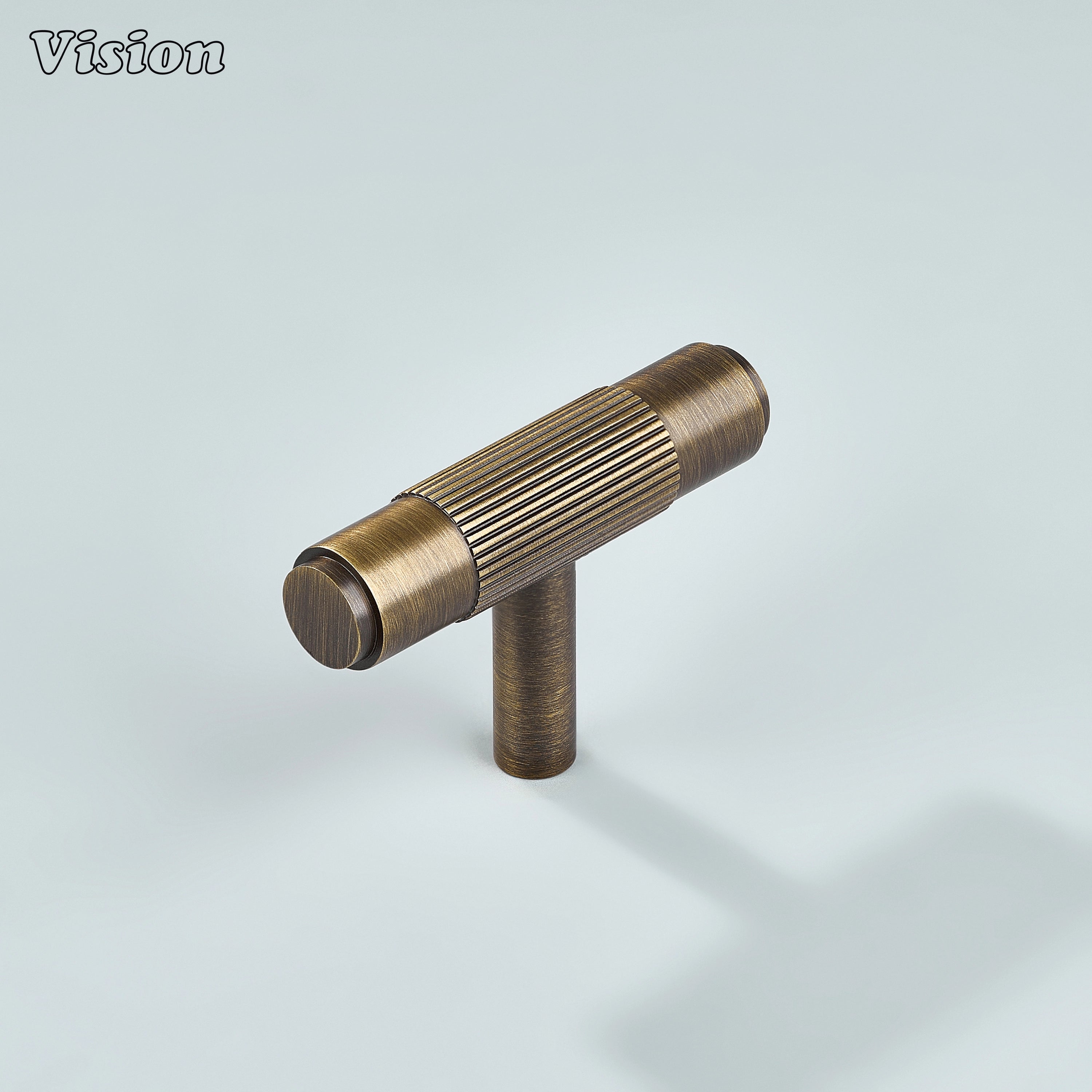 Antique bronze linear knurled T-knob for vintage kitchen cabinets.