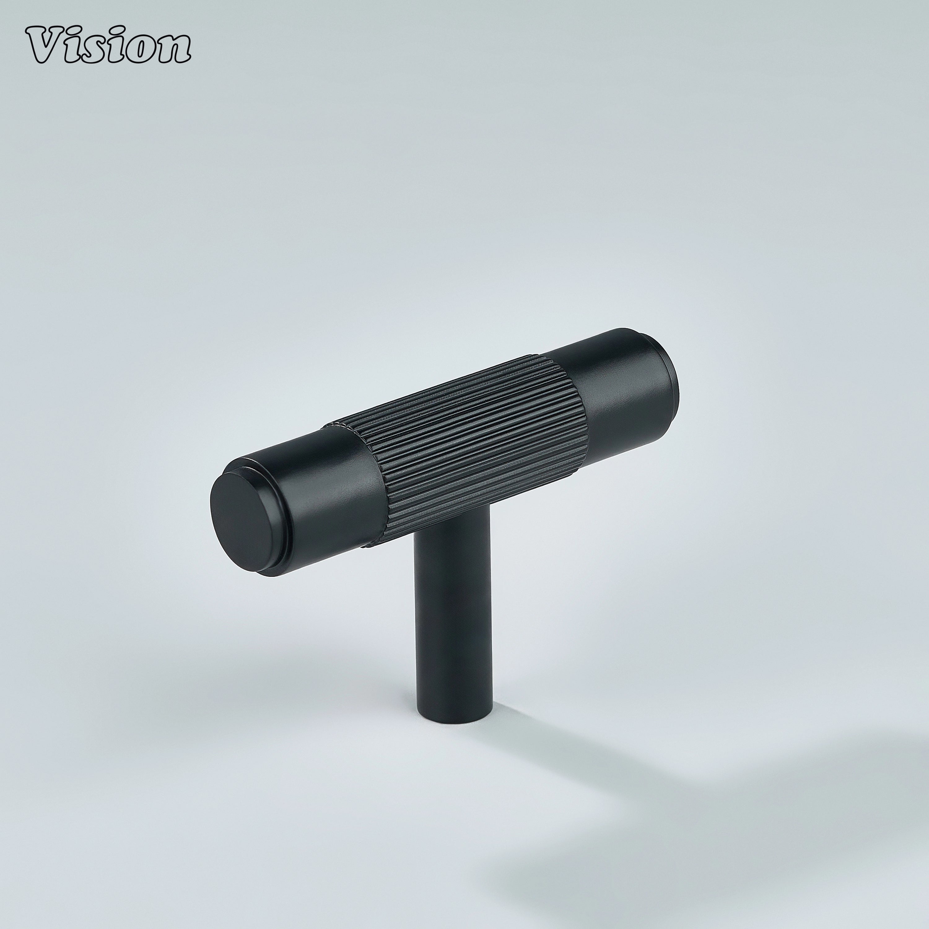 Black linear knurled brass T-knob for modern kitchen cabinets.