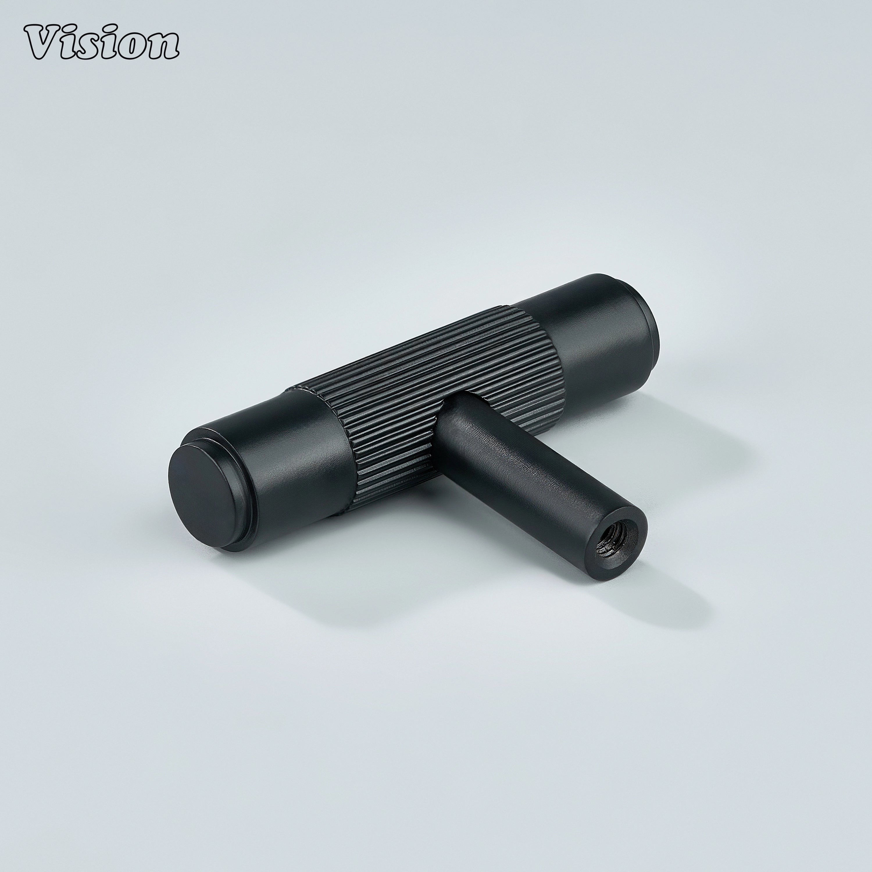 Matte black cabinet knob with linear knurling pattern.