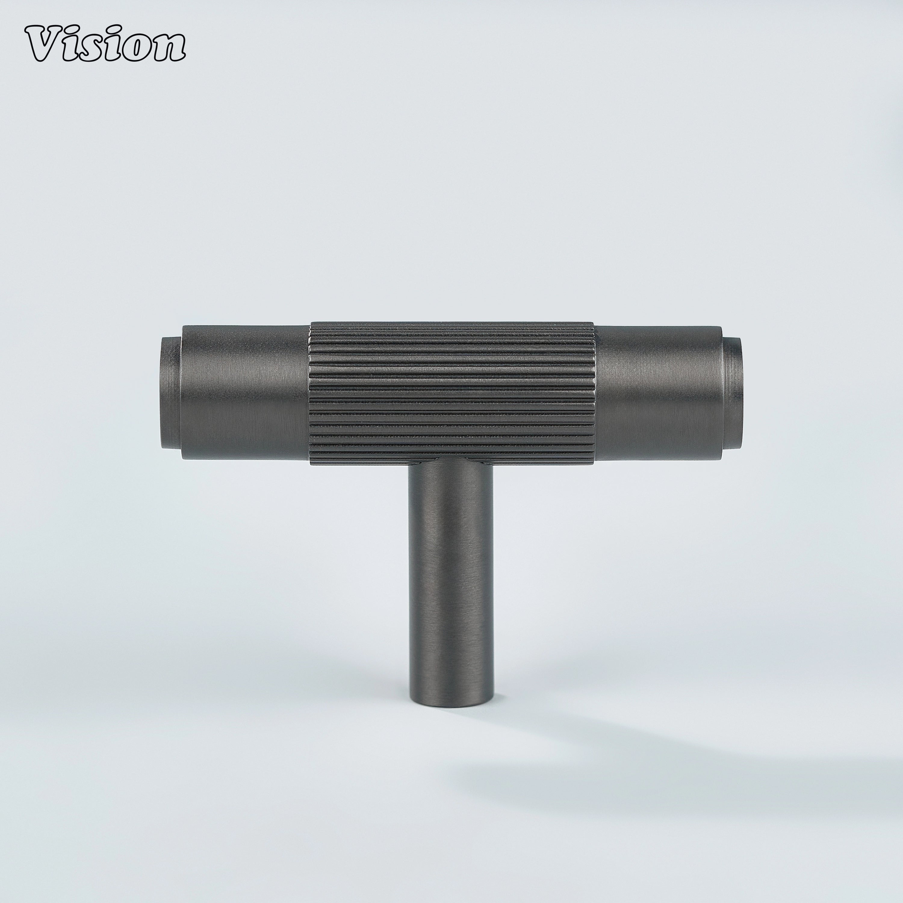 Linear knurled brass knob in gunmetal finish for wardrobes.