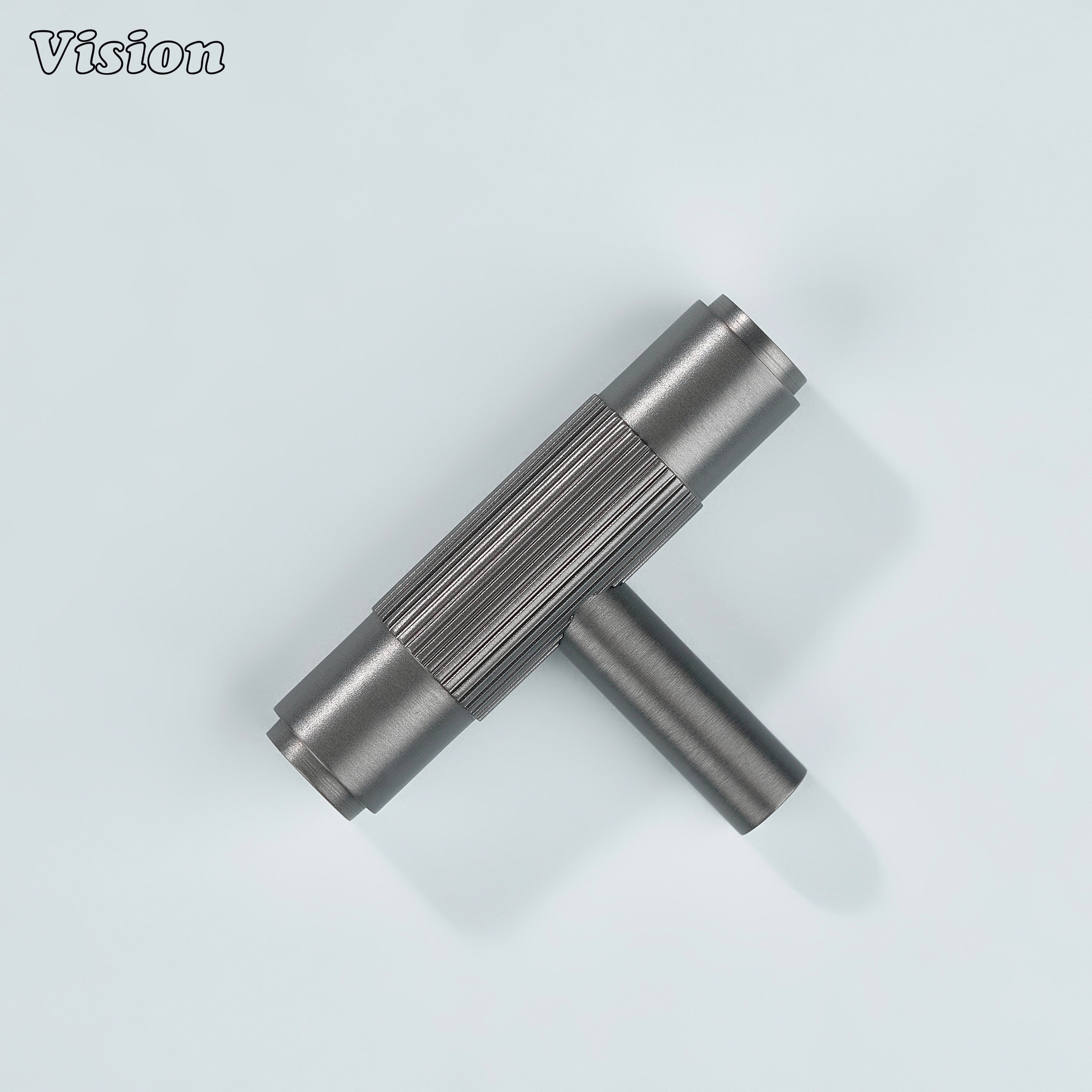 Satin brass gunmetal T-knob with linear pattern design.