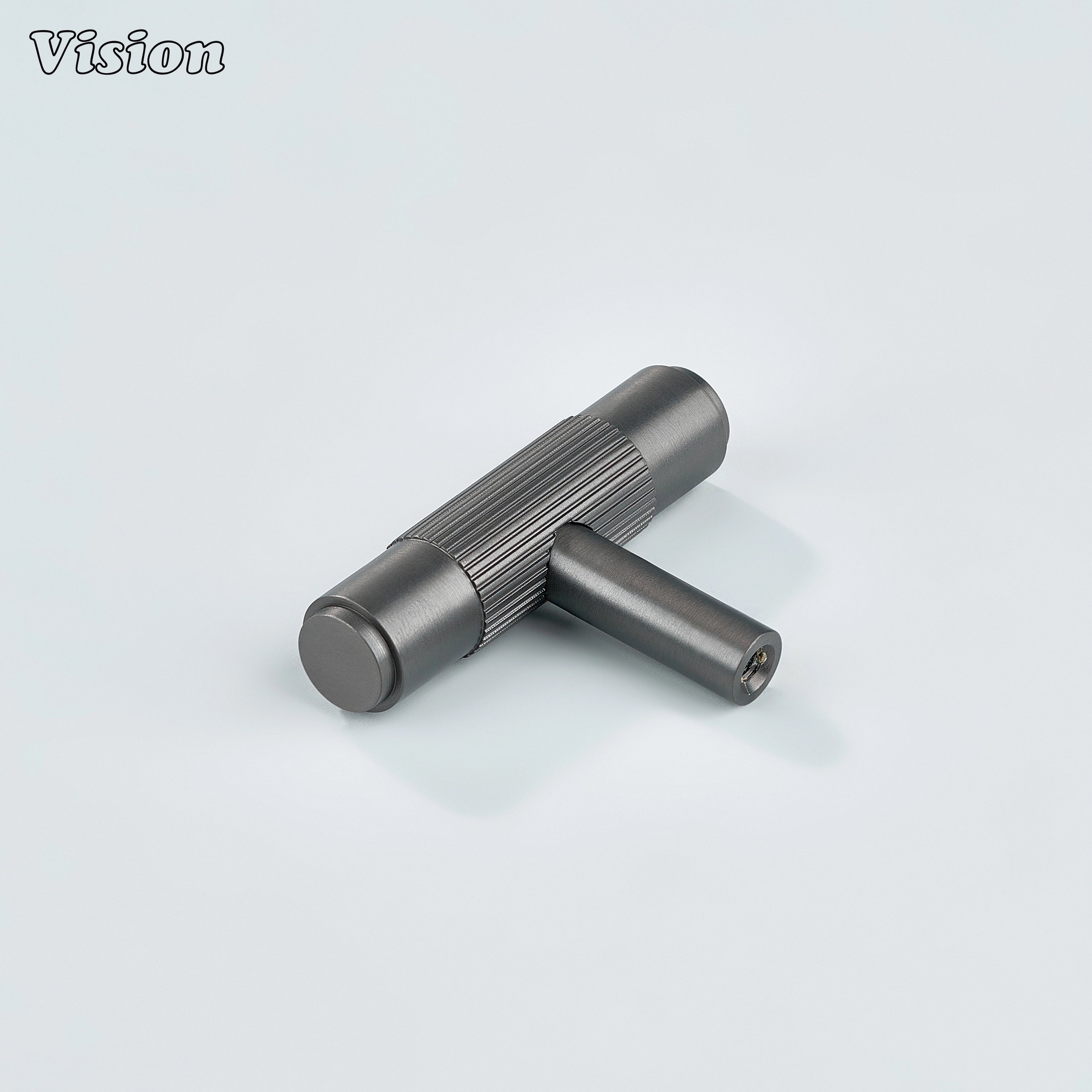 Modern gunmetal cabinet knob with linear brass knurling.