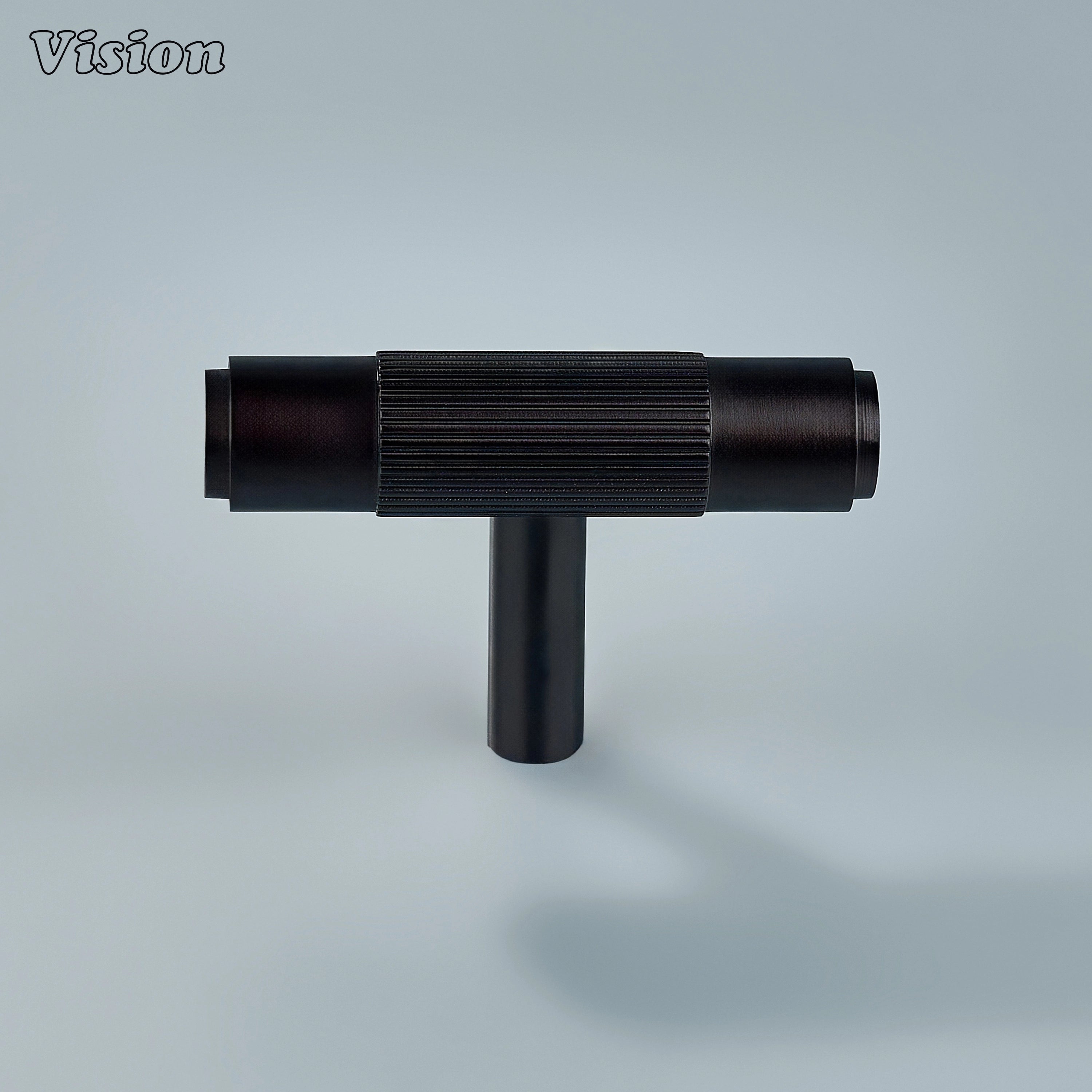 Brass oil rubbed bronze cabinet T-knob with fine linear texture.