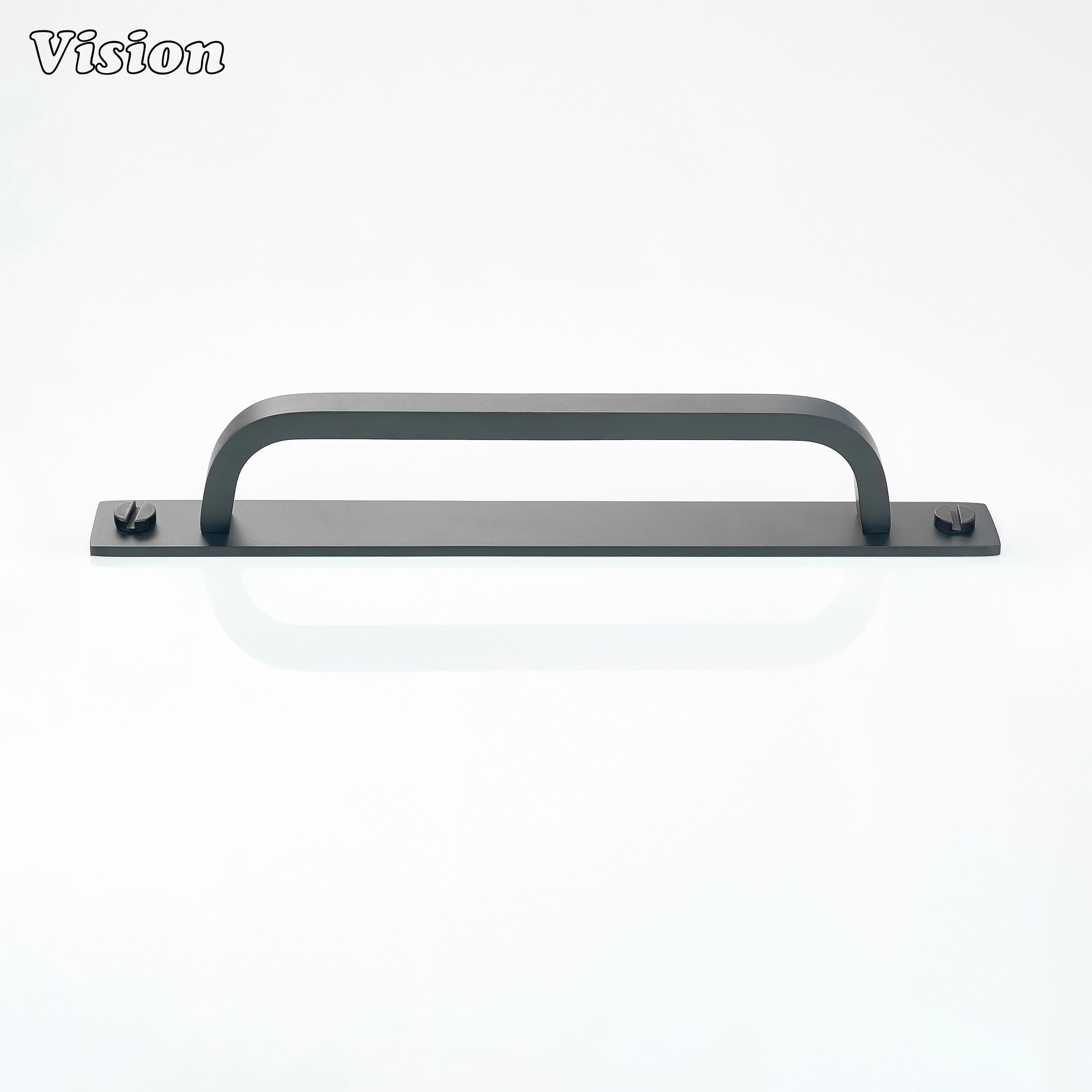 Black cabinet handle with backplate applied to wardrobe furniture doors