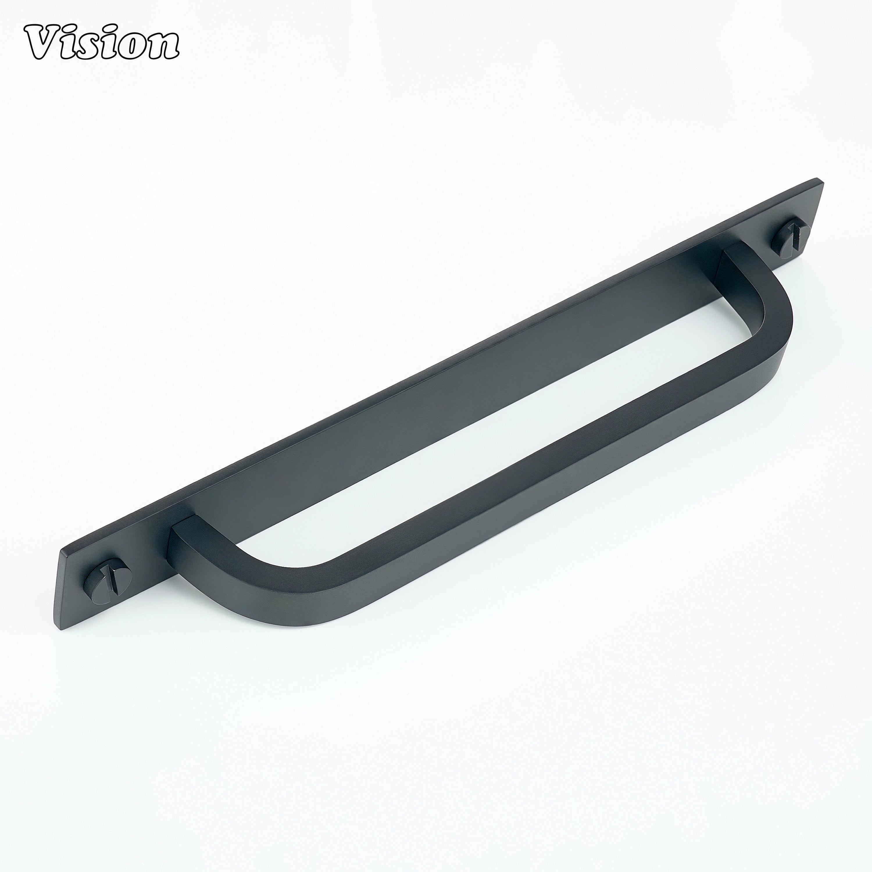 Black cabinet handle with backplate showing smooth bar construction